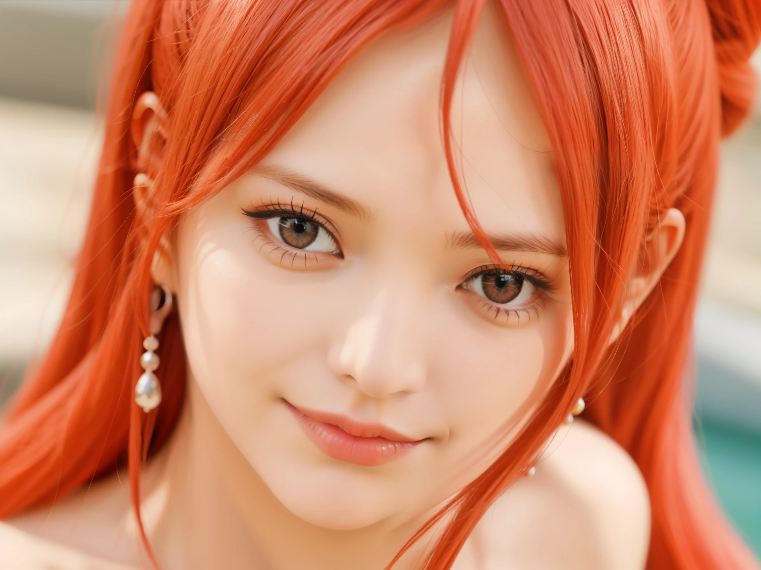 a close up of a woman with long red hair and a ring, nami from one piece, beautiful, realistic, detail, portrait 