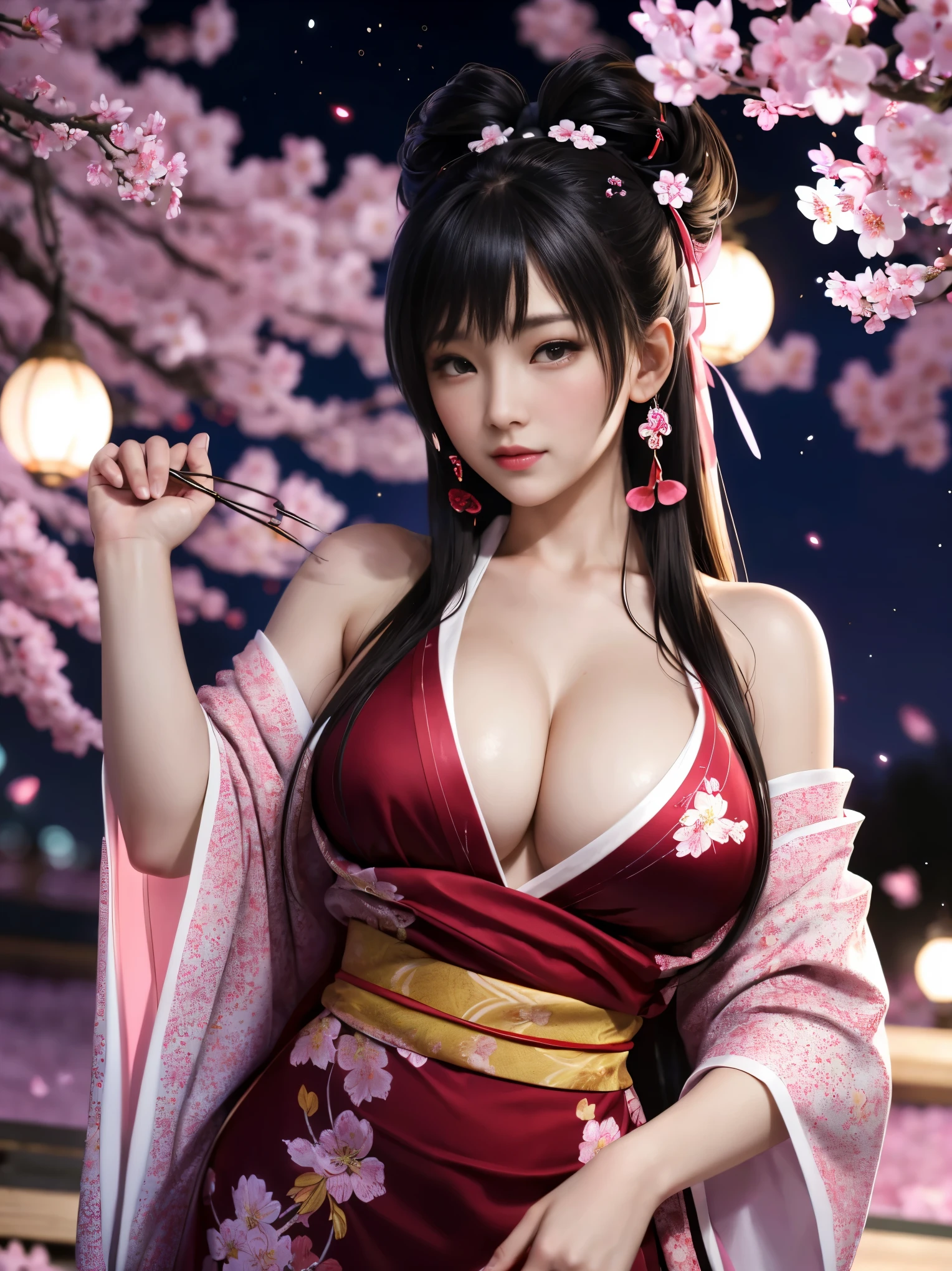 4k, best quality, realistic, detailed, beautiful woman wearing a luxurious kimono, best style, sexy dress with both shoulders exposed, style that emphasizes the cleavage, huge breasts, slightly shy expression, white Skin, black hair tied up with hairpins and hair ornaments, night festival, beautiful starry sky, illuminated cherry blossom tree