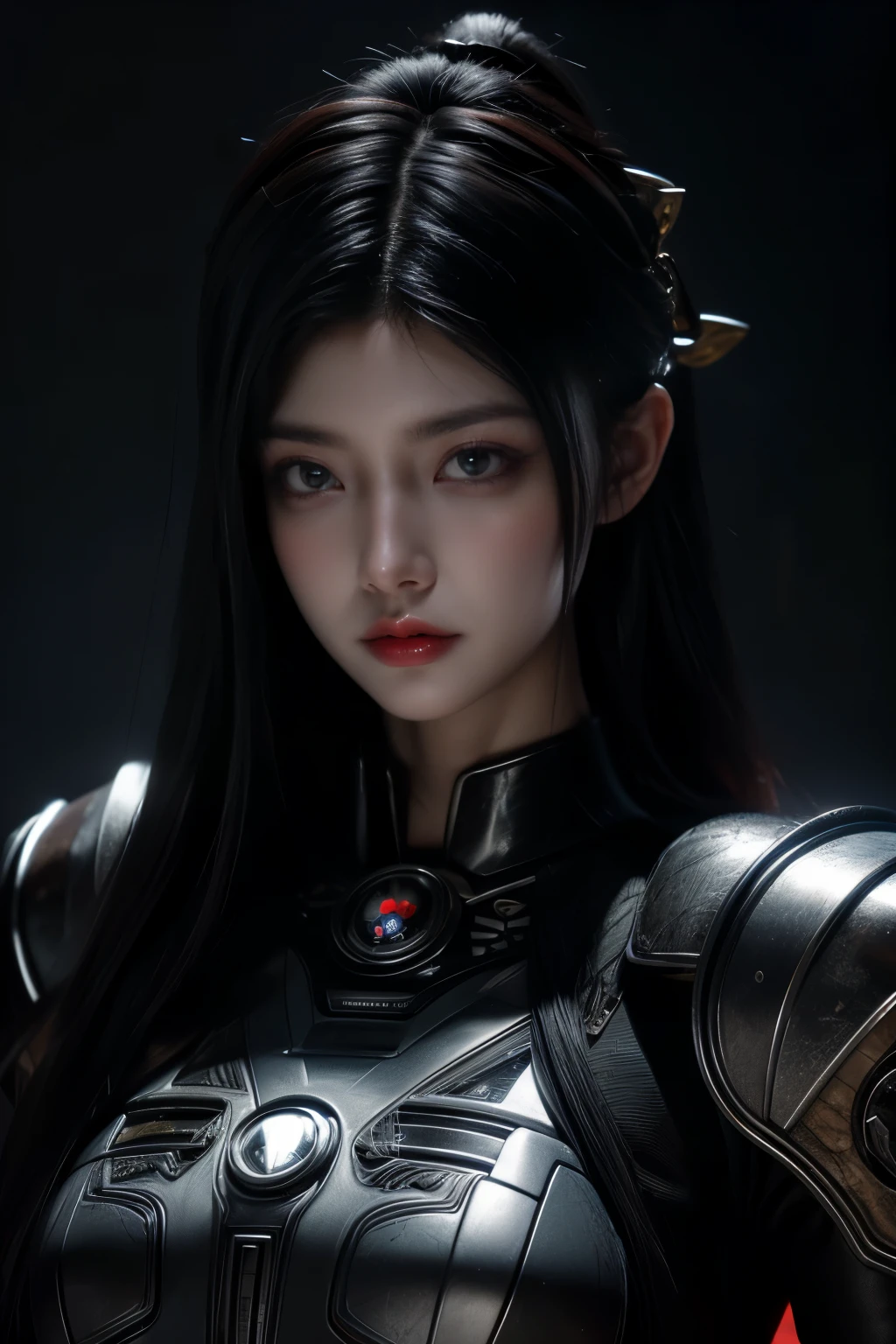 Masterpiece,Game art,The best picture quality,Highest resolution,8K,(Portrait),Unreal Engine 5 rendering works,(Digital Photography),((Portrait Feature:1.5)),
20 year old girl,Short hair details,With long bangs,(The red eye makeup is very meticulous),(With long gray hair:1.4),(Large, full breasts),Elegant and noble,Brave and charming,
(Future armor combined with the characteristics of ancient Chinese armor,Hollow design,Power Armor,The mysterious Eastern runes,A delicate dress pattern,A flash of magic),Warrior of the future,Cyberpunk figures,Background of war,
Movie lights，Ray tracing，Game CG，((3D Unreal Engine))，OC rendering reflection pattern