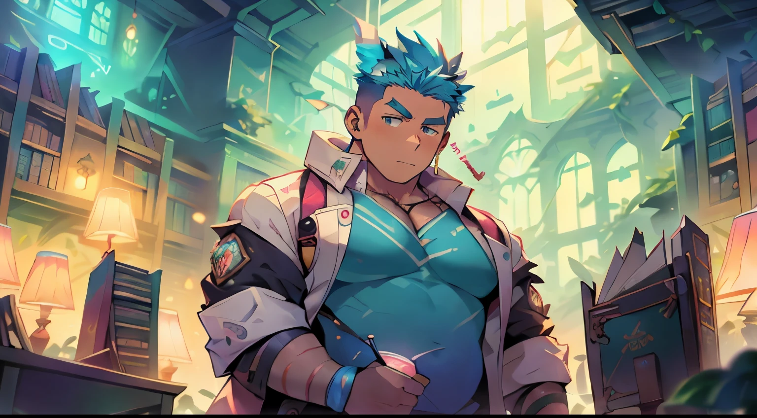 skyscraper colorful neon lights effects, ancient library for botanical magic covered ivy forest, kawaii moe anime 8K, undercut, faux hawk, creamy babyface super buff muscular slayer wear sci-fi jacket on shirtless, ton of books, trending on pixiv, kawaii moe anime