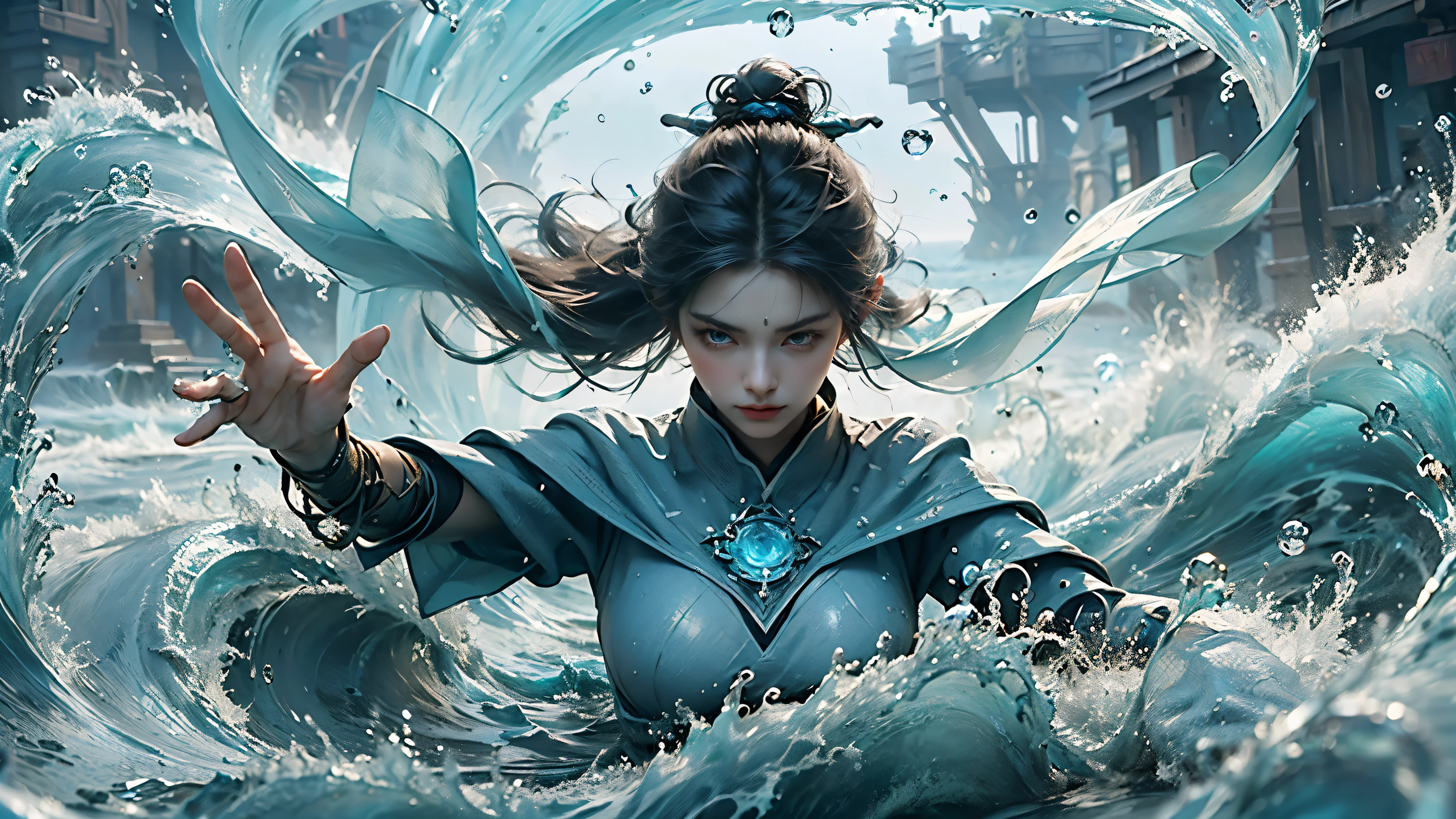 ((best quality)), ((masterpiece)), (detailed), (actual), (official art), (extremely detailed CG unity 8k wallpaper), (water magic:1.2), (Manipulating water:1.1), (Component control:1.2), (graceful movements:1.1), (aquatic beauty:1.2), (mysterious power:1.2), (Calm expression:1.1), (Flowing tides:1.2), (sparkling water droplets:1.2), (magic aura:1.1), (magic spell:1.2), (rippling waves:1.2), (magnificent water formation:1.1), (Emerging from the whirlpool of water:1.2), (Resonate with nature:1.2), (commanding the elements:1.2), (translucent veils:1.1), (Wisdom and strength:1.2), (glamor vortex:1.2), (luminous glaze:1.1), (With the sea:1.2), (Mysterious origins:1.2), (balance:1.1), (the power of calm:1.2), (a mesmerizing spectacle:1.2), (Immerse yourself in liquid magic:1.1), (Embrace her destiny:1.2)