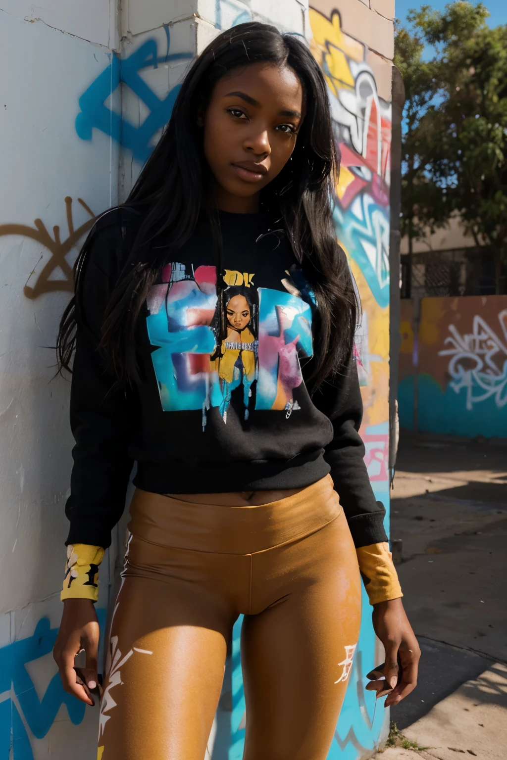(best quality), beautiful ebony african girl with black dark skin and long black hair, camel toe, legging, sweater, masterpiece, extremely detailed CG uniform 8K illustration, high color, extremely high color saturation, all colors deepened, paint, graffiti art, center composition, extremely detailed light and shadow, graffiti wall, wall painted bright, 1 girl graffiti 1 girl looking at the wall, extremely detailed face and eyes, medium length hair, sportswear, colored clouds