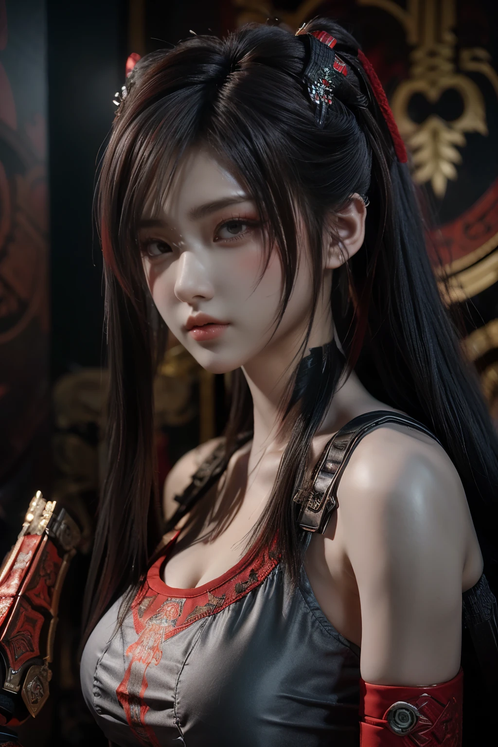 Masterpiece,Game art,The best picture quality,Highest resolution,8K,(Portrait),Unreal Engine 5 rendering works,(Digital Photography),((Portrait Feature:1.5)),
20 year old girl,Short hair details,With long bangs,(The red eye makeup is very meticulous),(With long gray hair:1.4),(Large, full breasts),Elegant and noble,Brave and charming,
(Future armor combined with the characteristics of ancient Chinese armor,Hollow design,Power Armor,The mysterious Eastern runes,A delicate dress pattern,A flash of magic),Warrior of the future,Cyberpunk figures,Background of war,
Movie lights,Ray tracing,Game CG,((3D Unreal Engine)),OC rendering reflection pattern