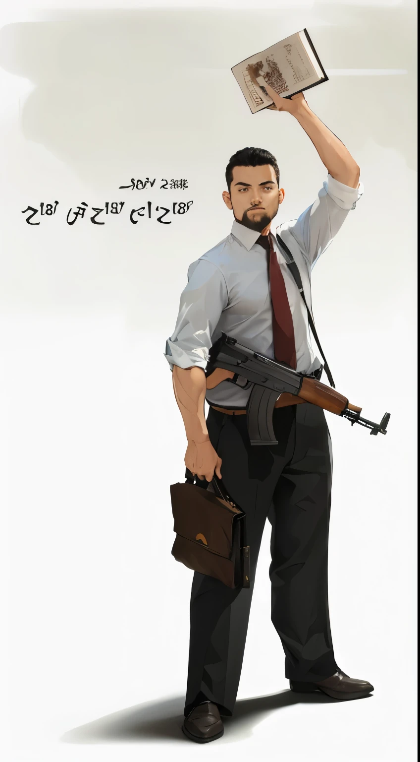 Man, holding a book, holding a small wallet, holding a weapon, rifle, machine gun, Kalashnikov, AK47, white shirt, tie, pants, black, leather shoes, image enhancement, strong resolution, wonderful details, high resolution, masterpiece,