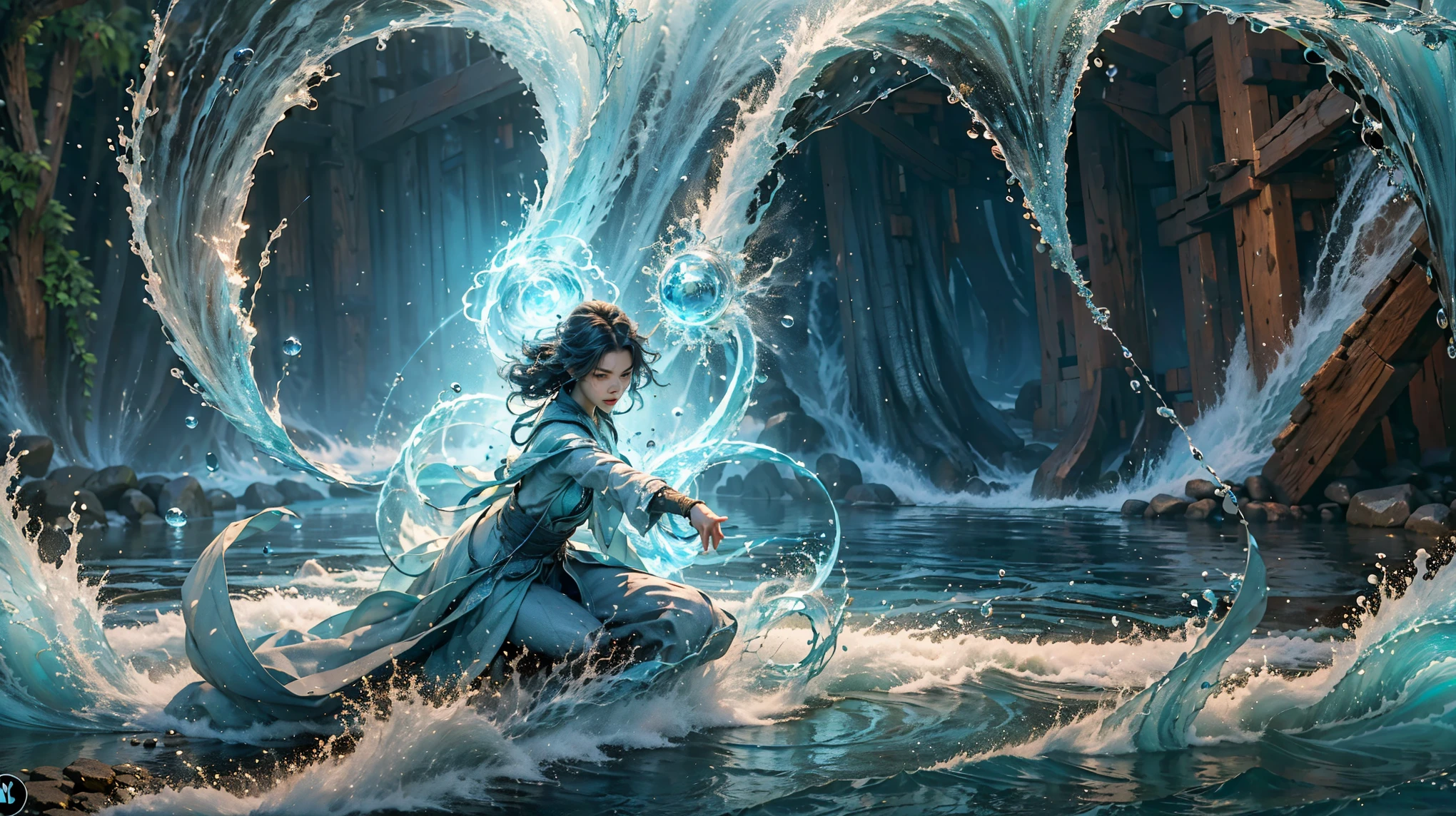 ((best quality)), ((masterpiece)), (detailed), (actual), (official art), (extremely detailed CG unity 8k wallpaper), (water magic:1.2), (Manipulating water:1.1), (Component control:1.2), (graceful movements:1.1), (aquatic beauty:1.2), (mysterious power:1.2), (Calm expression:1.1), (Flowing tides:1.2), (sparkling water droplets:1.2), (magic aura:1.1), (magic spell:1.2), (rippling waves:1.2), (magnificent water formation:1.1), (Emerges from a whirlpool of water:1.2), (Resonate with nature:1.2), (commanding the elements:1.2), (translucent veils:1.1), (Wisdom and strength:1.2), (glamor vortex:1.2), (Glowing zigzag:1.1), (With the sea:1.2), (Mysterious origins:1.2), (balance:1.1), (the power of calm:1.2), (a mesmerizing spectacle:1.2), (Immerse yourself in liquid magic:1.1), (Embrace her destiny:1.2)