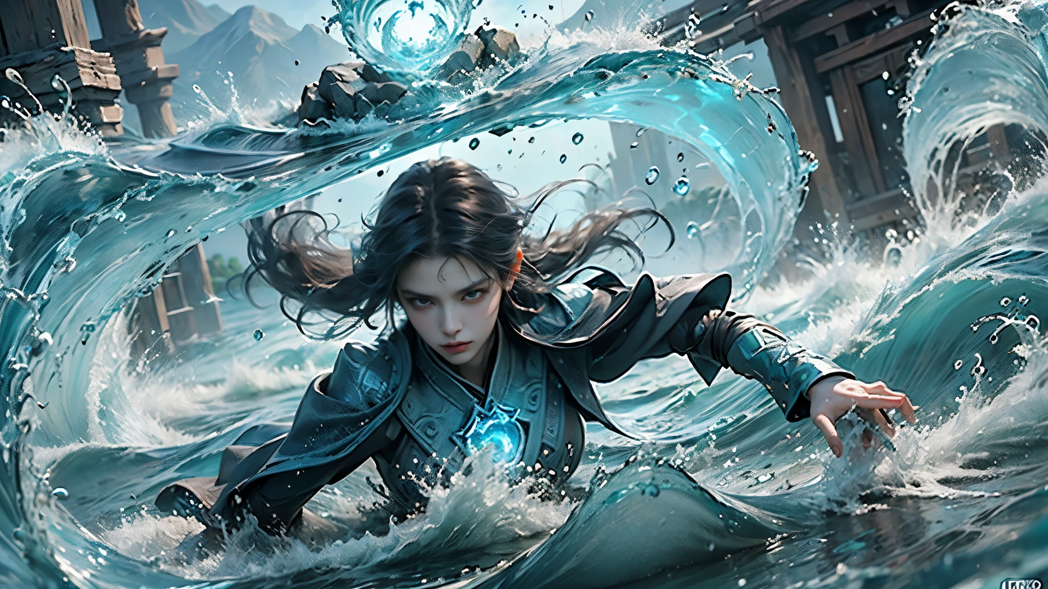 ((best quality)), ((masterpiece)), (detailed), (actual), (official art), (extremely detailed CG unity 8k wallpaper), (water magic:1.2), (Manipulating water:1.1), (Component control:1.2), (graceful movements:1.1), (aquatic beauty:1.2), (mysterious power:1.2), (Calm expression:1.1), (Flowing tides:1.2), (sparkling water droplets:1.2), (magic aura:1.1), (magic spell:1.2), (rippling waves:1.2), (magnificent water formation:1.1), (Emerging from the whirlpool of water:1.2), (Resonate with nature:1.2), (commanding the elements:1.2), (translucent veils:1.1), (Wisdom and strength:1.2), (glamor vortex:1.2), (Glow-glazed:1.1), (With the sea:1.2), (Mysterious origins:1.2), (balance:1.1), (the power of calm:1.2), (a mesmerizing spectacle:1.2), (Immerse yourself in liquid magic:1.1), (Embrace her destiny:1.2)