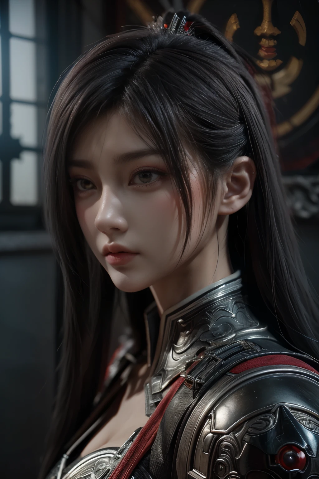 Masterpiece,Game art,The best picture quality,Highest resolution,8K,(Portrait),Unreal Engine 5 rendering works,(Digital Photography),((Portrait Feature:1.5)),
20 year old girl,Short hair details,With long bangs,(The red eye makeup is very meticulous),(With long gray hair:1.4),(Large, full breasts),Elegant and noble,Brave and charming,
(Future armor combined with the characteristics of ancient Chinese armor,Hollow design,Power Armor,The mysterious Eastern runes,A delicate dress pattern,A flash of magic),Warrior of the future,Cyberpunk figures,Background of war,
Movie lights,Ray tracing,Game CG,((3D Unreal Engine)),OC rendering reflection pattern