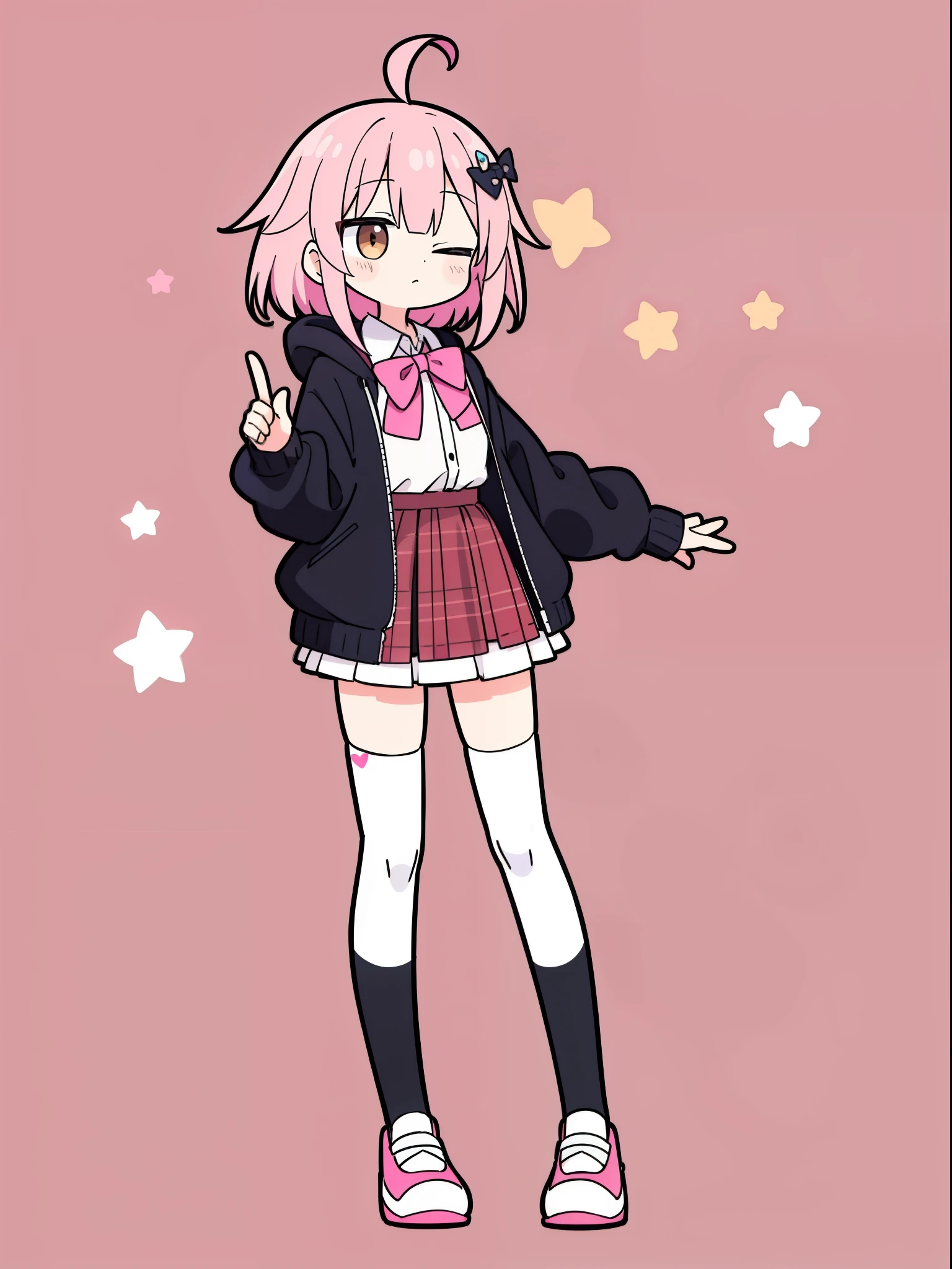 high resolution 1girl ahoge bobby_pin bow bowtie braid brOwn_eyes collared_shirt dojikko_Pause_shirt frilled_shirt_color free joint_skirt frills hair_bow hair_ornament hairpin hand_upon_Own_head, heart, heart_hair_decorative hood_jacket jacket lupong_hair upone_eye_closed pentagon pink_hair plaid plaid_ribbon plaid_pleated skirt_skirt shirt shoelaces shoes simple_background standing skirt solo star_(symbol) twin_Braid wariza white_background white_Thighhighs, whole body pink panties Tuck up embarrassing Panty shot Skirt flip