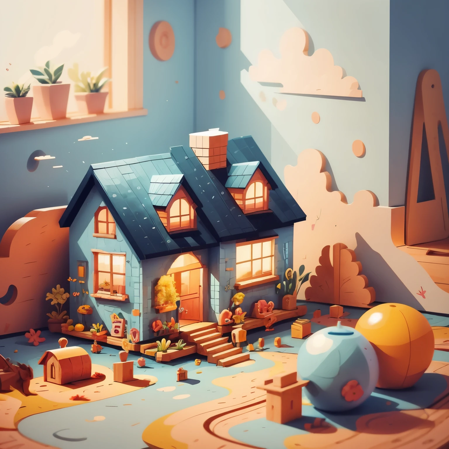 wooden doll house in a childrens room, the house is in vibrant colors, nicely decorated, toys around her on the ground
