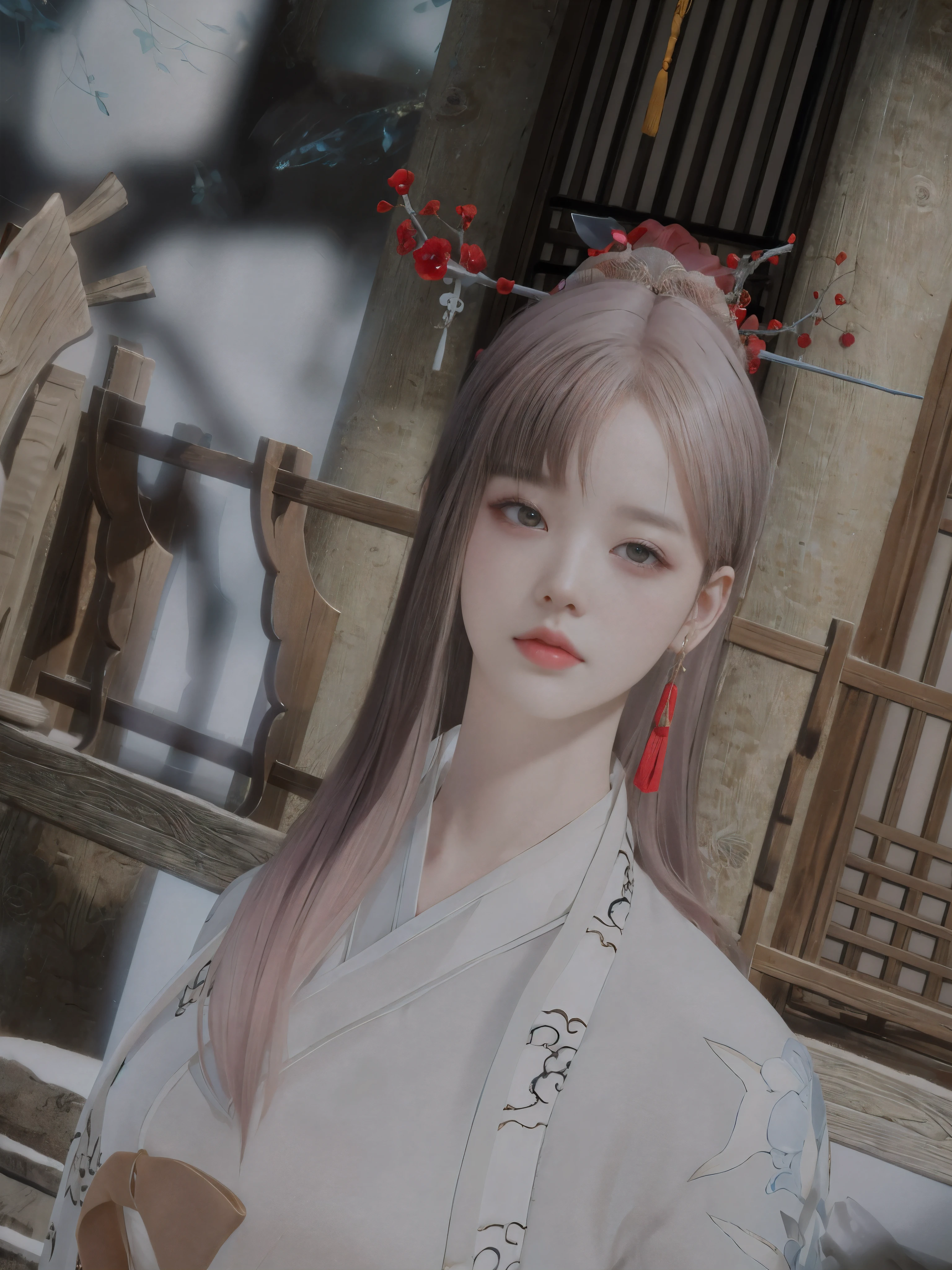 anime girl aux cheveux longs portant une robe blanche et des boucles d'oreilles rouges, inspired by Sim Sa-jeong, inspired by Ma Yuanyu, inspired by Song Maojin, palais , Une fille à Hanfu, Inspiré par Huang Ji, inspired by Lü Ji, Shikami, inspiré par Jin Nong, inspired by Dai Xi, Hanfu Blanc