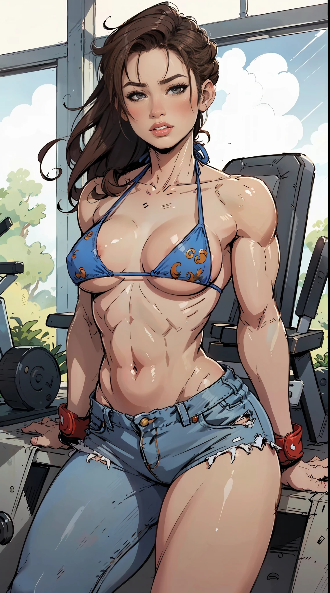 a cartoon picture of a woman in a bikini top and jeans, commission for high res, marin kitagawa fanart, chun li at the gym, thicc, detailed digital anime art, muscular!, chun li, portrait of chun - li, chun-li, chun - li, seductive anime girl, extremely detailed artgerm, [ 4 k digital art ]!!