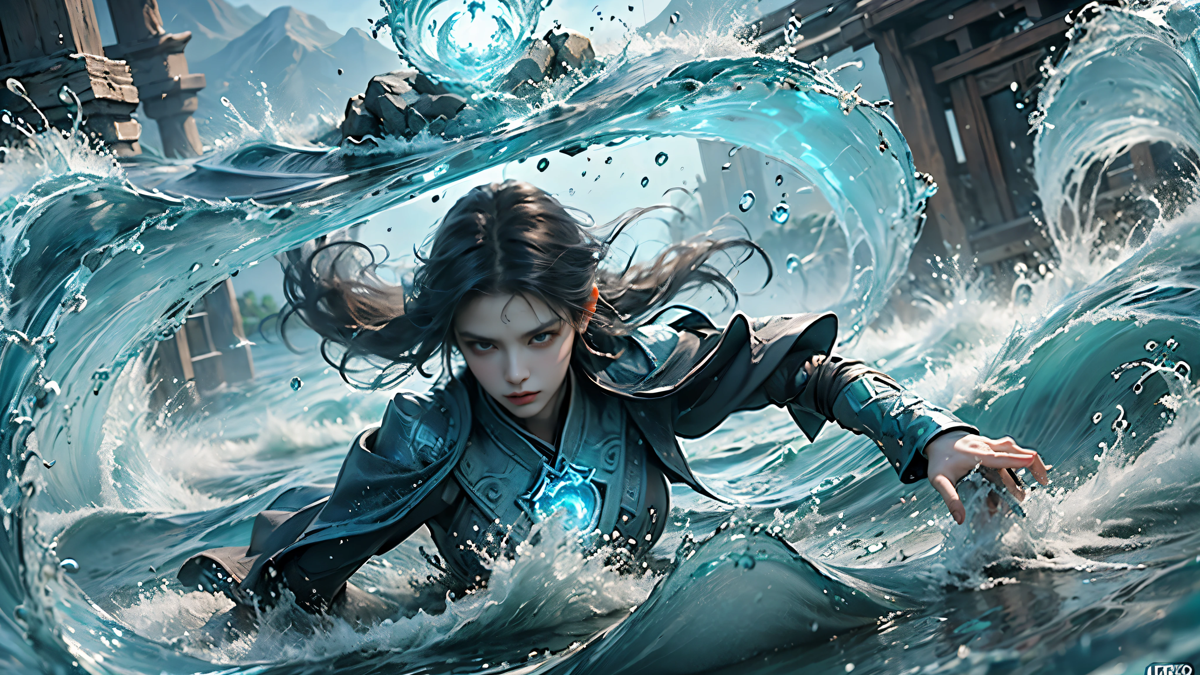 ((best quality)), ((masterpiece)), (detailed), (actual), (official art), (extremely detailed CG unity 8k wallpaper), (water magic:1.2), (Manipulating water:1.1), (Component control:1.2), (graceful movements:1.1), (aquatic beauty:1.2), (mysterious power:1.2), (Calm expression:1.1), (Flowing tides:1.2), (sparkling water droplets:1.2), (magic aura:1.1), (magic spell:1.2), (rippling waves:1.2), (magnificent water formation:1.1), (Emerging from the whirlpool of water:1.2), (Resonate with nature:1.2), (commanding the elements:1.2), (translucent veils:1.1), (Wisdom and strength:1.2), (glamor vortex:1.2), (luminous glaze:1.1), (With the sea:1.2), (Mysterious origins:1.2), (balance:1.1), (the power of calm:1.2), (a mesmerizing spectacle:1.2), (Immerse yourself in liquid magic:1.1), (Embrace her destiny:1.2)
