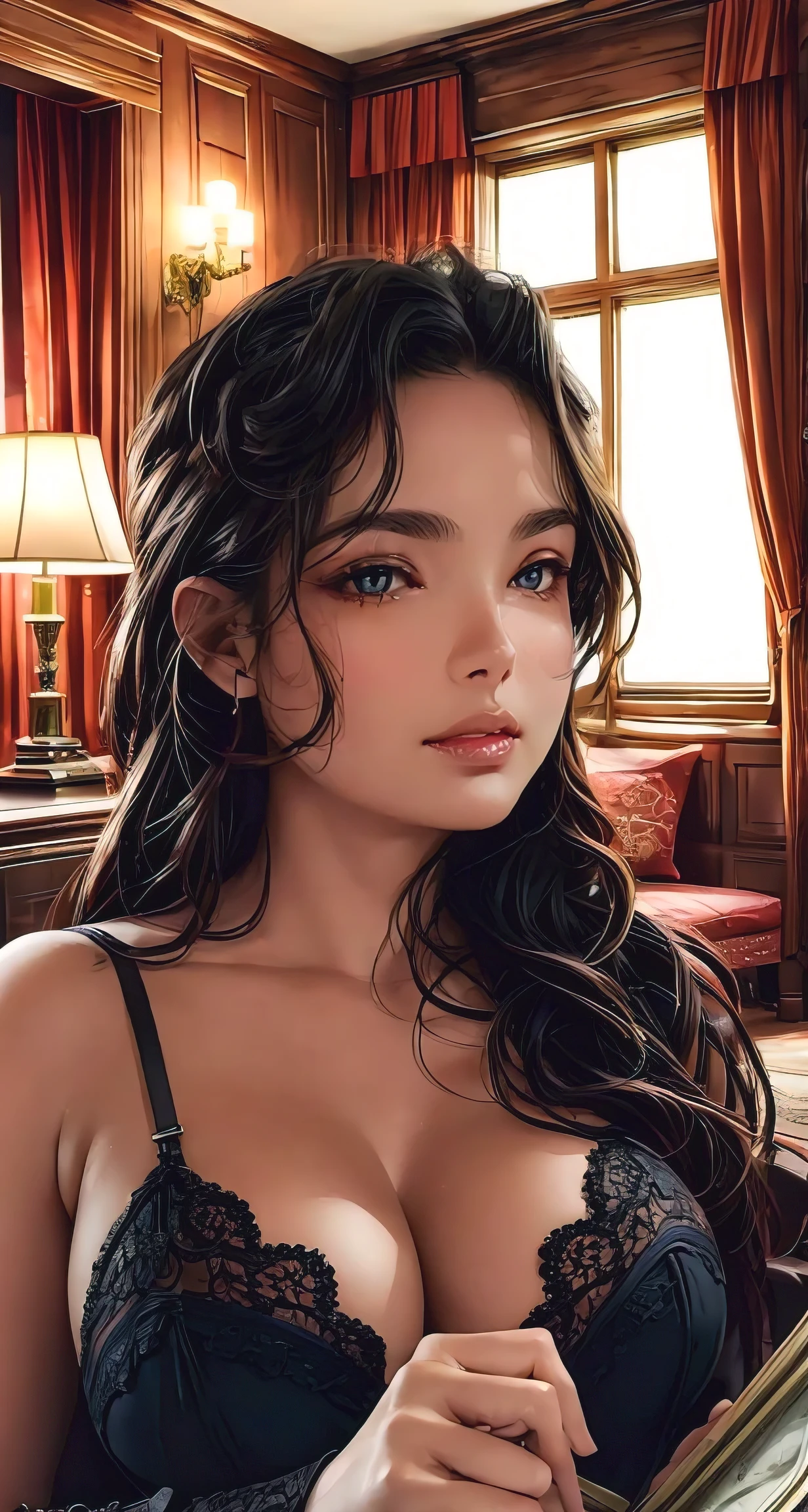 (best quality,4k,8k,highres,masterpiece:1.2), ultra-detailed, (realistic,photorealistic,photo-realistic:1.37), portraits, lingerie model, perfect body, large breasts, wide hips, old castle interior, beautiful detailed eyes, beautiful detailed lips, extremely detailed eyes and face, long eyelashes, elegant pose, soft and delicate lighting, vintage color tone, ancient stone walls, intricate patterns, luxurious velvet curtains, antique furniture, dimly lit chandeliers, dust particles floating in the air, intimate atmosphere, mysterious ambiance, faint scent of old books, ornate mirrors, soft carpeted floors, moonlight filtering through stained glass windows, delicate lace lingerie, captivating allure, confident expression, sensual vibes