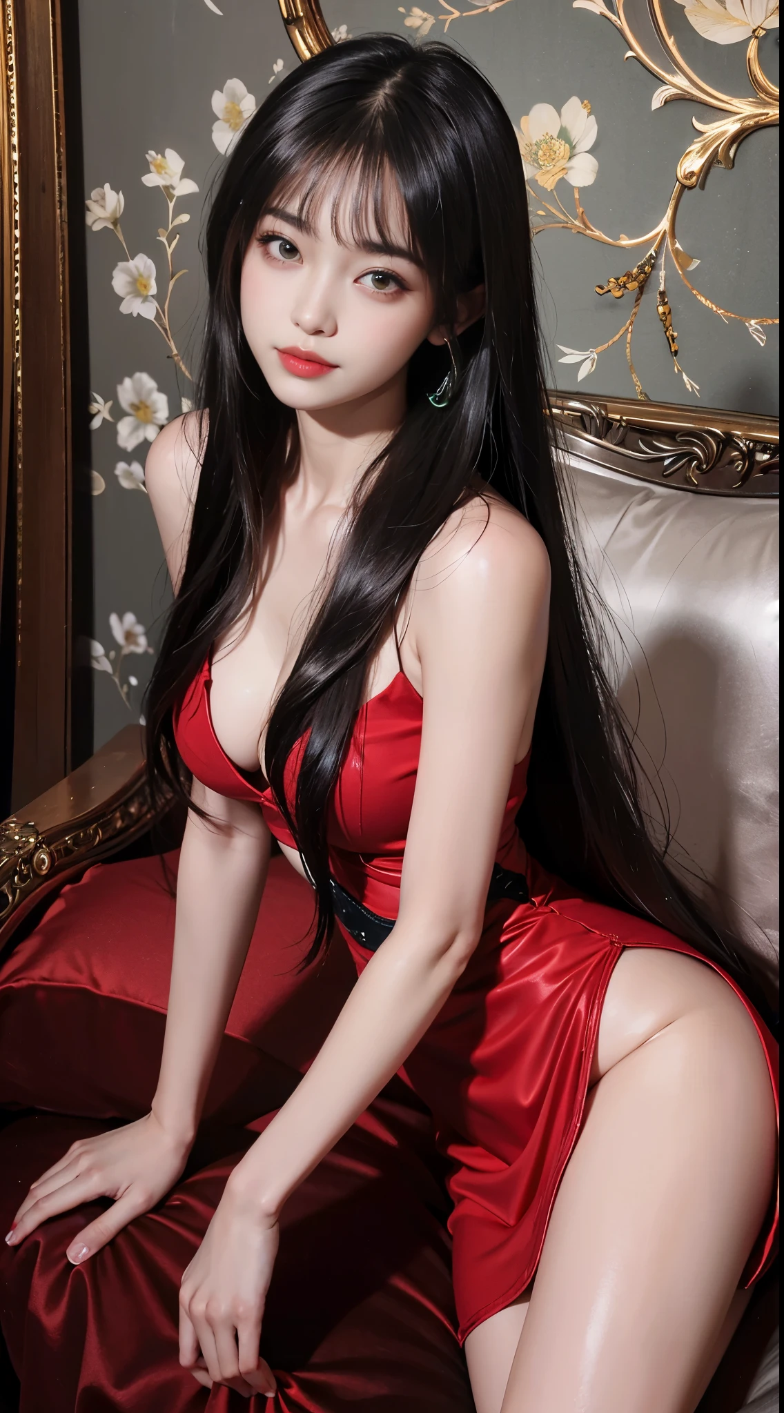 masterpiece, best image quality, high quality, Beautiful woman, Japanese, popular korean makeup, be familiar with, swollen eyes, be familiar with eyes, be familiar with skin, beautiful skin, ultra High resolution, (reality: 1.4),so beautiful, a little young face, beautiful skin, thin, (超reality的な), (figure), (High resolution), (8k), (very be familiar with) (best figure), (beautifully be familiar with eyes), (super be familiar with), (wallpaper), (be familiar with face), looking at the viewer, small details, be familiar with face, Pure erotic face ace_v1, smile, look straight ahead, look straight ahead, Angle from the waist up, realistic pictures, bright lighting, professional lighting, black hair (some green), long hair, dark ruins, big red moon, gorgeous red and black dress, mature woman, Stylish long bangs,