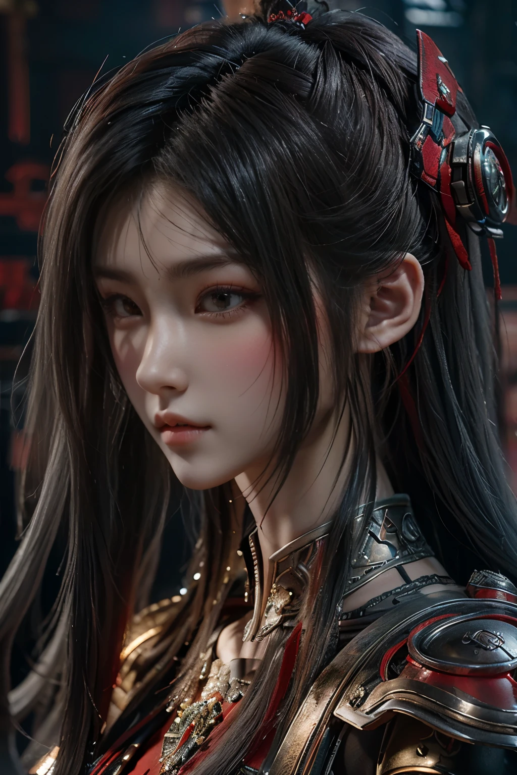 Masterpiece,Game art,The best picture quality,Highest resolution,8K,(Portrait),Unreal Engine 5 rendering works,(Digital Photography),((Portrait Feature:1.5)),
20 year old girl,Short hair details,With long bangs,(The red eye makeup is very meticulous),(With long gray hair:1.4),(Large, full breasts),Elegant and noble,Brave and charming,
(Future armor combined with the characteristics of ancient Chinese armor,Hollow design,Power Armor,The mysterious Eastern runes,A delicate dress pattern,A flash of magic),Warrior of the future,Cyberpunk figures,Background of war,
Movie lights，Ray tracing，Game CG，((3D Unreal Engine))，OC rendering reflection pattern