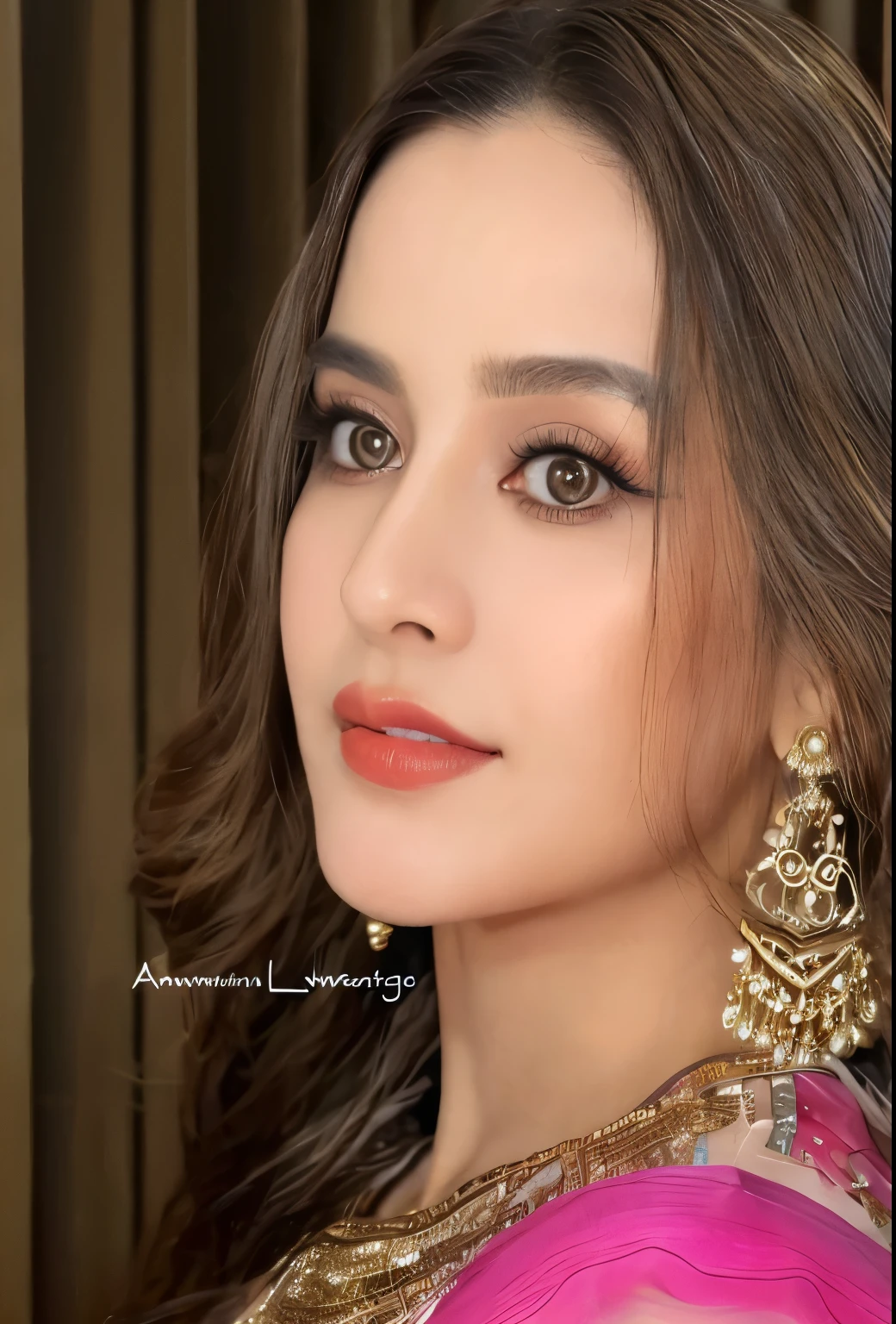 a close up of a woman wearing a pink sari and gold jewelry, by Ambreen Butt, inspired by Ambreen Butt, traditional beauty, beautiful face!!!!, with professional makeup, extremely beautiful face, stunning beautiful, very extremely beautiful, with lovely look, a beautiful young woman, really good looking face!!, jaw-dropping beauty, beautiful and realistic face, beautiful face!!