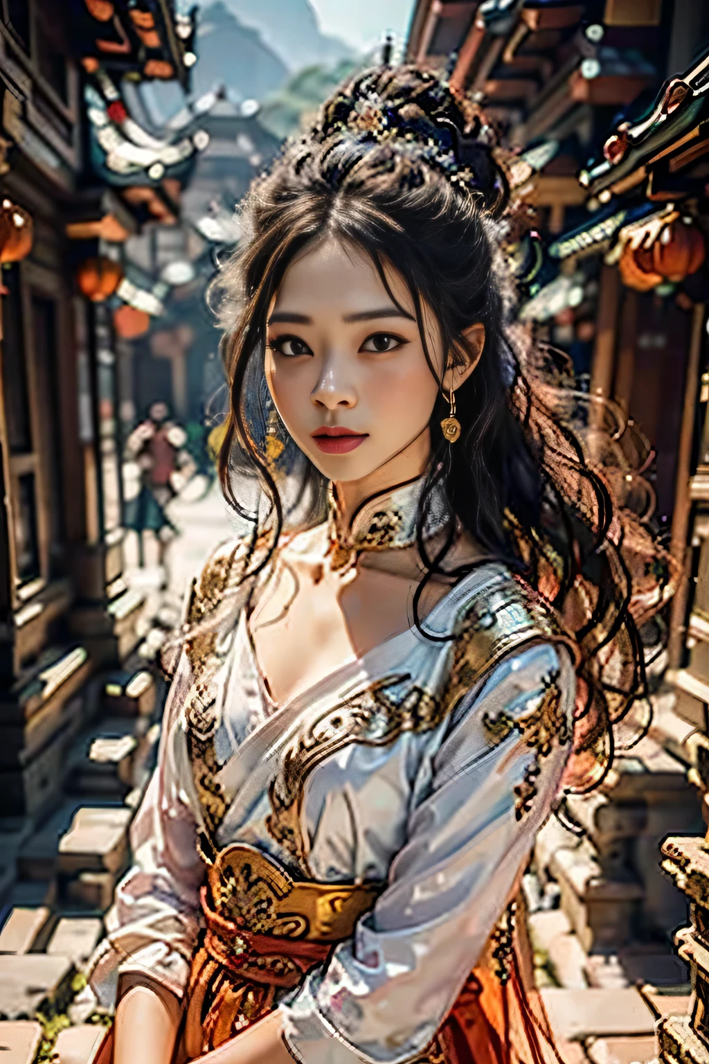 best quality,masterpiece,ultra high resolution,(lifelike:1.4),xiuxian,arms,Detailed face,.1 girl,alone,arms,Split,(magic circle:1.2),xiuxian,Upper body,beautiful girl,whole body,east asian architecture,sheath,architecture,.