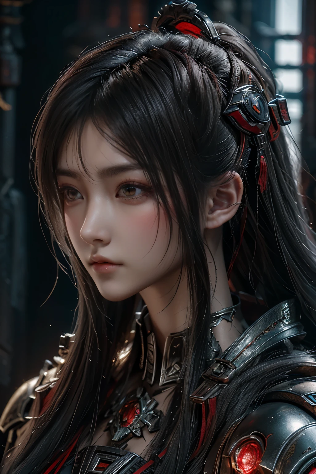 Masterpiece,Game art,The best picture quality,Highest resolution,8K,(Portrait),Unreal Engine 5 rendering works,(Digital Photography),((Portrait Feature:1.5)),
20 year old girl,Short hair details,With long bangs,(The red eye makeup is very meticulous),(With long gray hair:1.4),(Large, full breasts),Elegant and noble,Brave and charming,
(Future armor combined with the characteristics of ancient Chinese armor,Hollow design,Power Armor,The mysterious Eastern runes,A delicate dress pattern,A flash of magic),Warrior of the future,Cyberpunk figures,Background of war,
Movie lights,Ray tracing,Game CG,((3D Unreal Engine)),OC rendering reflection pattern