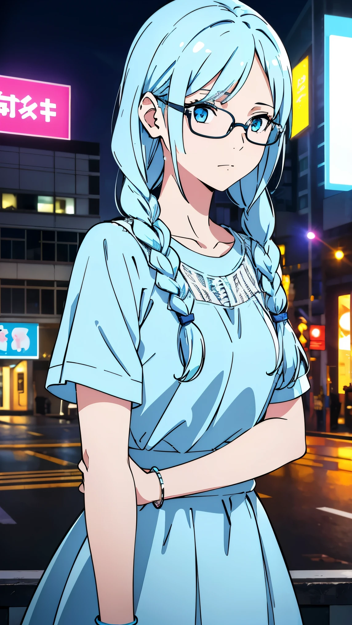 (Girl1, upper body, light blue eyes, slim face),(long wild hair,light blue color hiar, parted bangs, fringes trim, braids hair),(glasses,Yellow Short Sleeve Mesh T-Shirt, Mesh Collar),{Wearing Banyon Earrings, Trinkets and Luminous Bracelets},(at night, neon light, high buildings),Very details CG, module, 8K wallpapers, top quality, high precision, beautiful lighting, realistic shade, high precision, detailed skin, very detailed, faces and detailed eyes, realistic eyes, cowboy shot