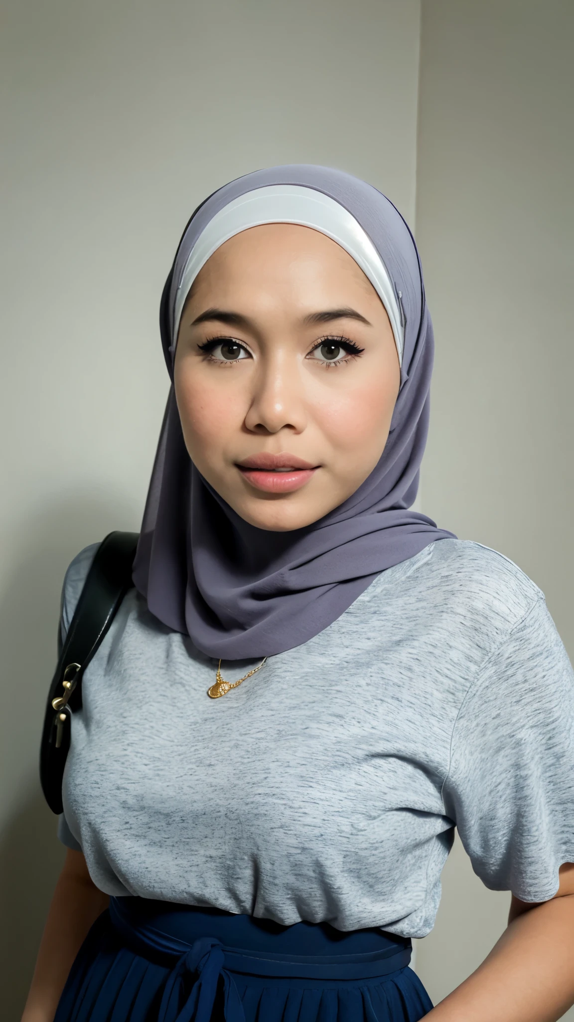  (HIJAB), (Malaysia female), age 55, 8K, phototrealism, photorealism, portrait, 85mm lens, depth of field, delicate skin luster, blindfolded, plump lips, chubby, (Haruka Ayase), white camisole, prison, chained from earlobe to nose, professional lighting, mini skirt