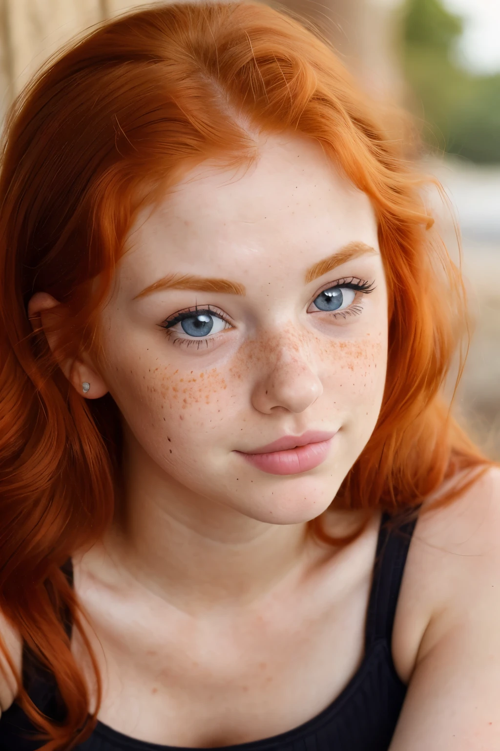 Close-up photo of a cute 20 year old pretty redhead girl's face, redhead, (you look shy:1.3), freckles, Super Detailed Face, detailed skin, (ribbed crop top with cargo pants and chunky sneakers), beautiful body, Large breasts, Big round blue eyes, black eyeliner, sensual lips