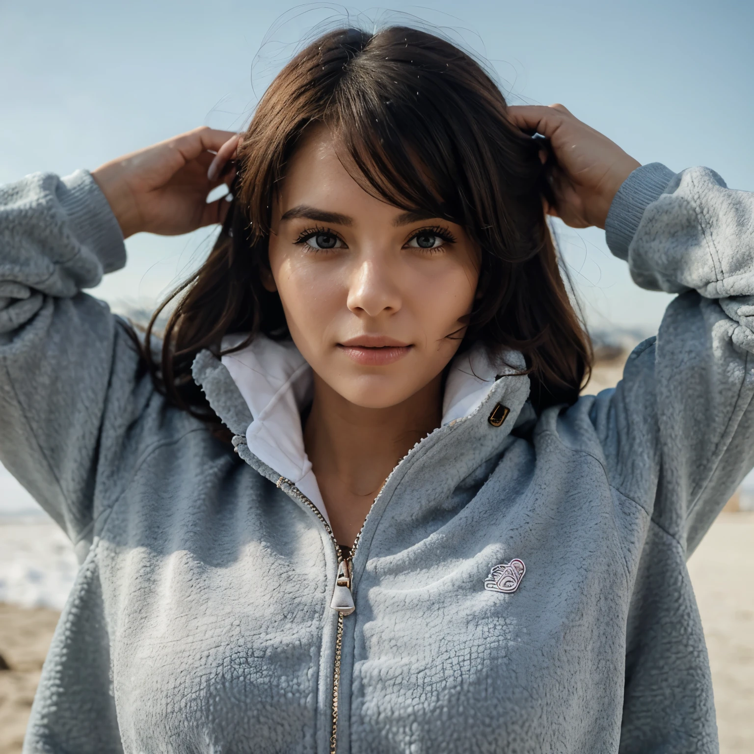 A woman wearing a fleece jacket and a fleece neck warmer on her face