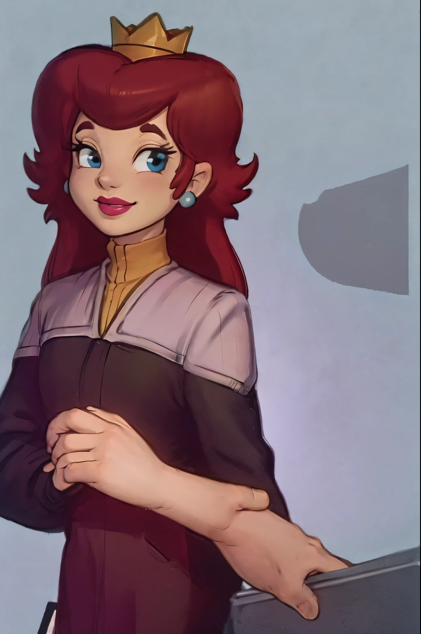masterpiece, best quality, 1girl, princesstoadstool, brown hair, long hair, blue eyes, crown, ds9st yellow and black uniform ds9st command ds9st operations ds9st science, earrings, lipstick, , upper body, looking at viewer, sketch, solo, smile, simple background