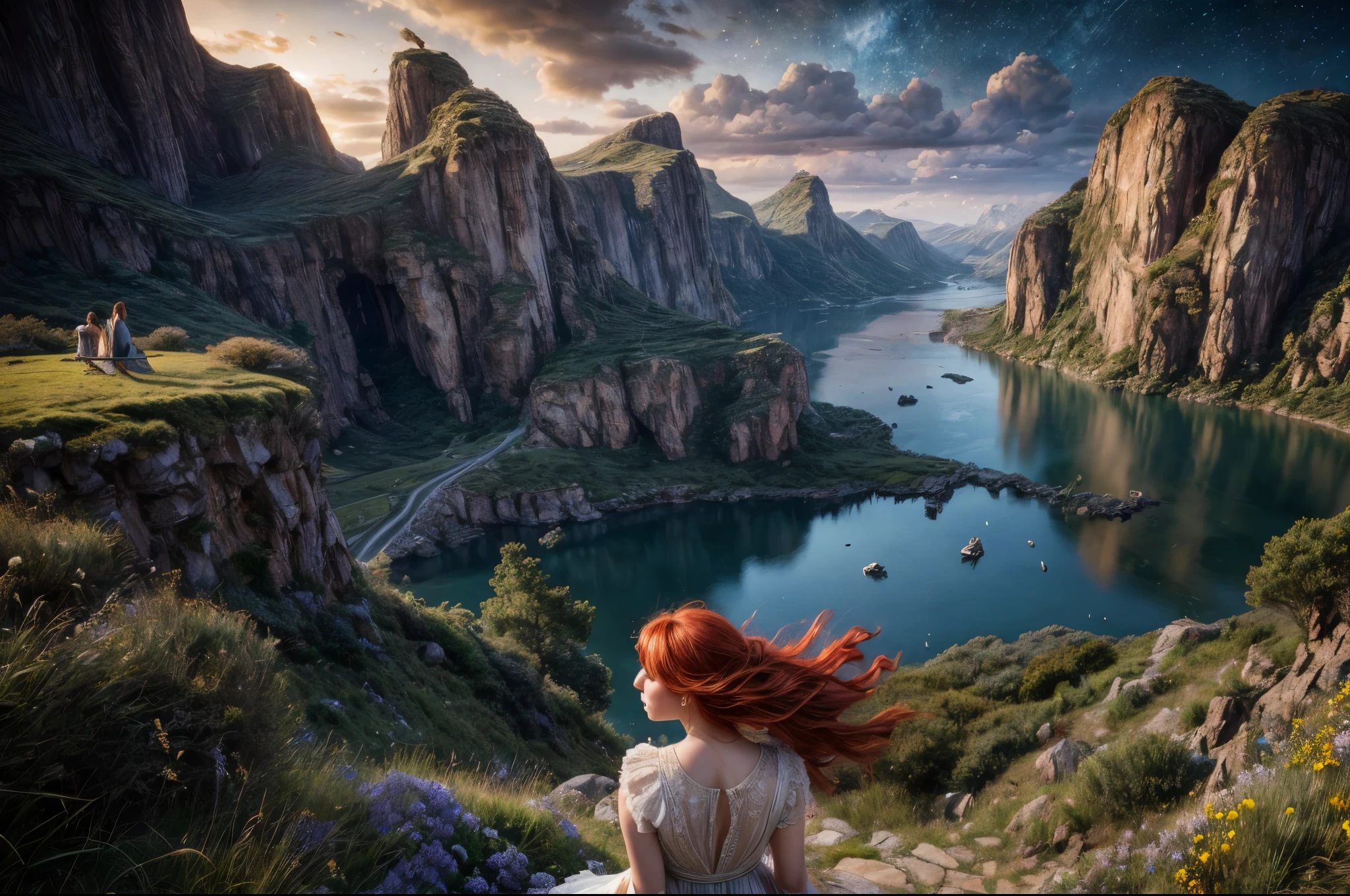 27 year old girl in a random world, red hair, hair blowing in the wind, dress blowing in the wind, [freckles], dizzying and breathtaking stunning landscapes all around, ultra-detailed environment, complex, fine details, style of Rembrandt and Pino Daeni, warm moonlight and stars, dynamic scenery, aesthetic sophistication, breathtaking detail, RAW, HDR, UHD, 16k resolution, whimsical, breathtaking fantasy, digital photography, mind-blowing stunning landscapes, highly detailed features, insanely ultra-realistic, insanely photorealistic, insanely high overall quality, insanely high overall detail, insanely high overall resolution, insanely high overall sharpness, insanely high overall texture quality, PA7_Photo