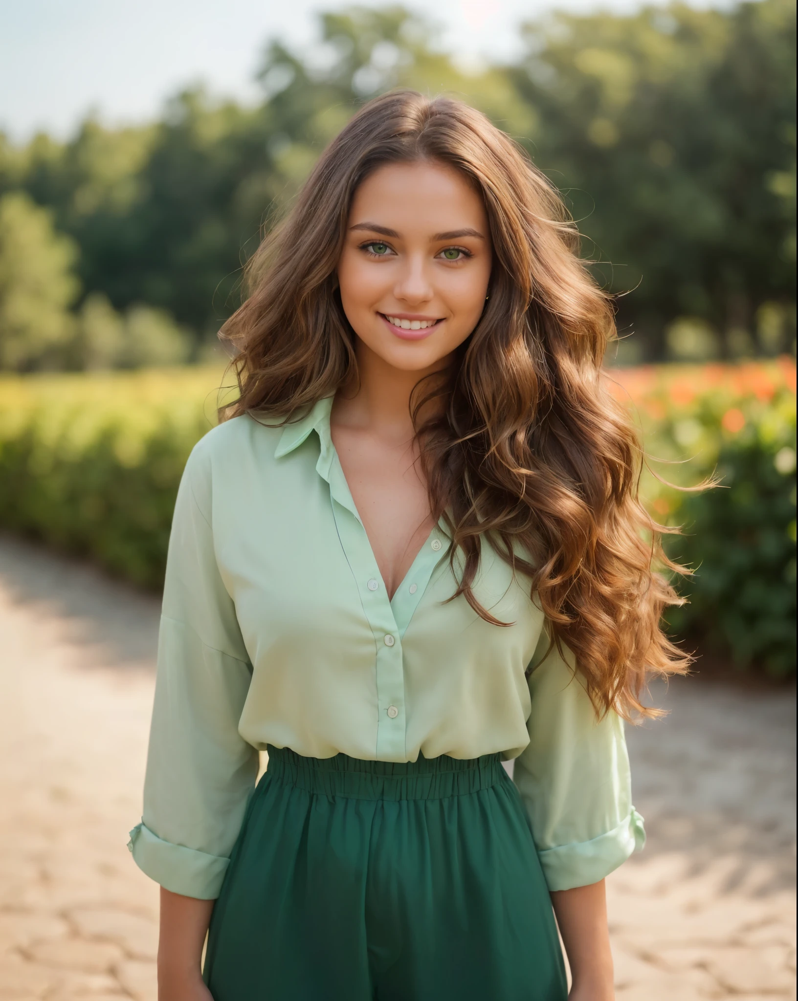 (masterpiece), (best quality), (RAW), (16k), (photo), (photorealistic), (ultra realistic), (high detail), (focus, HDR camera, (hight resolution), ISO 100, f/2.8, 85mm, 1/125s, instagram photo, dynamic pose ((only one young woman), (19 years old)), (high skin detail), (brunette, wavy hair, brown hair, (long hair), ((green eyes)), (high skin detail), ((brunette, wavy hair, brown hair)), (((smile))), (standing), (full body) , hard shadowasterpiece), (best quality), (RAW), (16k), (photo), (photorealistic), (ultra realistic), (high detail), (focus, HDR camera, (hight resolution), ISO 100, f/2.8, 85mm, 1/125s, instagram photo, dynamic pose ((only one young woman), (19 years old)), (high skin detail), (brunette, wavy hair, brown hair, (long hair), ((green eyes)), (high skin detail), ((brunette, wavy hair, brown hair)), (((happy))), (standing), (full body), sexy pose, hard shadows, Today I stopped for a moment to reflect on the little things that make life so special. Every shared smile, every tight hug, every sunset I've been lucky enough to witness. It's amazing how, at the end of the day, it's these simple moments that fill our hearts with joy and gratitude. I want to thank all of you for being part of my journey and for bringing so many colors to my days. Let's spread love and positivity wherever we go!