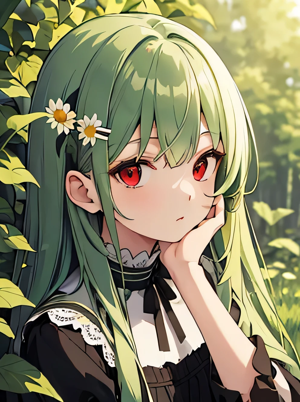 (masterpiece, best quality),1girl with long green hair sitting in a field of green plants and flowers, her hand under,looking to viewer, warm lighting, red eyes, white and black dress, using daisy hairclip, forest foreground, close up, high quality hands