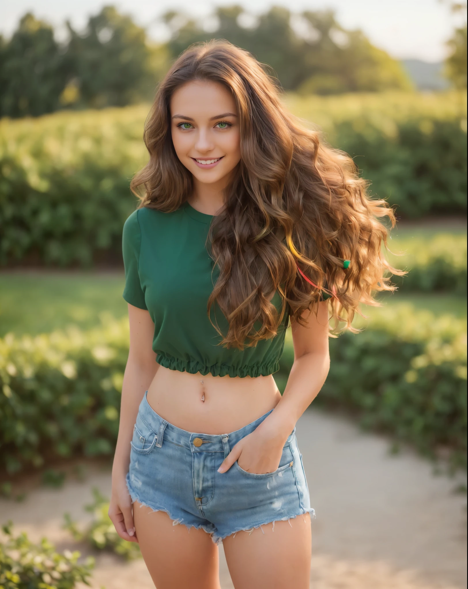 (masterpiece), (best quality), (RAW), (16k), (photo), (photorealistic), (ultra realistic), (high detail), (focus, HDR camera, (hight resolution), ISO 100, f/2.8, 85mm, 1/125s, instagram photo, dynamic pose ((only one young woman), (19 years old)), (high skin detail), (brunette, wavy hair, brown hair, (long hair), ((green eyes)), (high skin detail), ((brunette, wavy hair, brown hair)), (((smile))), (standing), (full body) , hard shadowasterpiece), (best quality), (RAW), (16k), (photo), (photorealistic), (ultra realistic), (high detail), (focus, HDR camera, (hight resolution), ISO 100, f/2.8, 85mm, 1/125s, instagram photo, dynamic pose ((only one young woman), (19 years old)), (high skin detail), (brunette, wavy hair, brown hair, (long hair), ((green eyes)), (high skin detail), ((brunette, wavy hair, brown hair)), (((happy))), (standing), (full body), sexy pose, hard shadows, Today I stopped for a moment to reflect on the little things that make life so special. Every shared smile, every tight hug, every sunset I've been lucky enough to witness. It's amazing how, at the end of the day, it's these simple moments that fill our hearts with joy and gratitude. I want to thank all of you for being part of my journey and for bringing so many colors to my days. Let's spread love and positivity wherever we go!