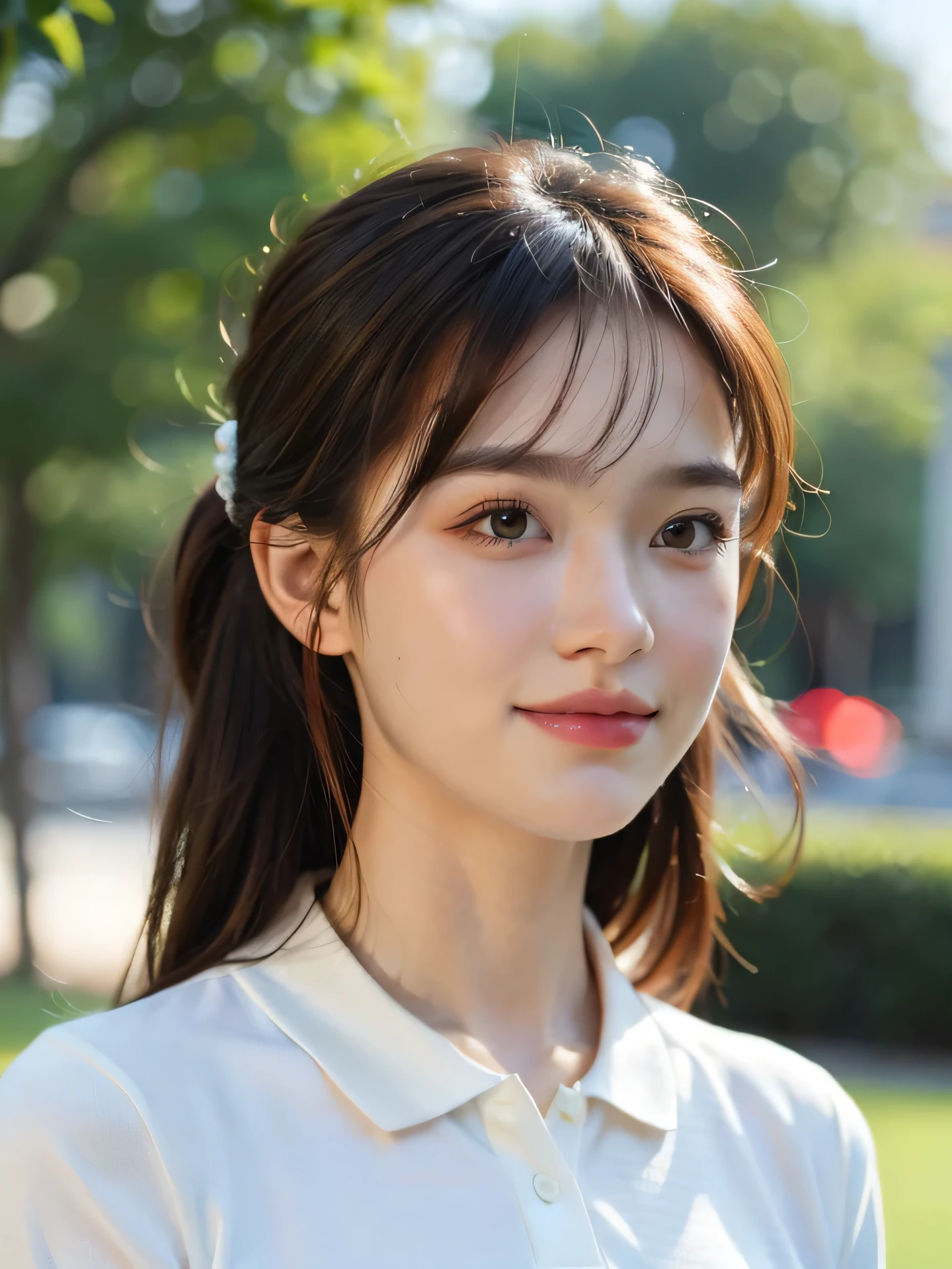masterpiece, highest quality, RAW photo, 8k, 1 girl, close, cute, Girly, shy, embarrassing, smile, focus on the face, (the face is in focus:1.2) Fine and beautiful skin, Backlight, soft light,  luminescent, look away, anatomically correct, medium hair, hair up, bangs, Eye and face details, rough skin, professional photography, Bokeh, portrait, professional lighting, alone, film grain, polo shirt, 