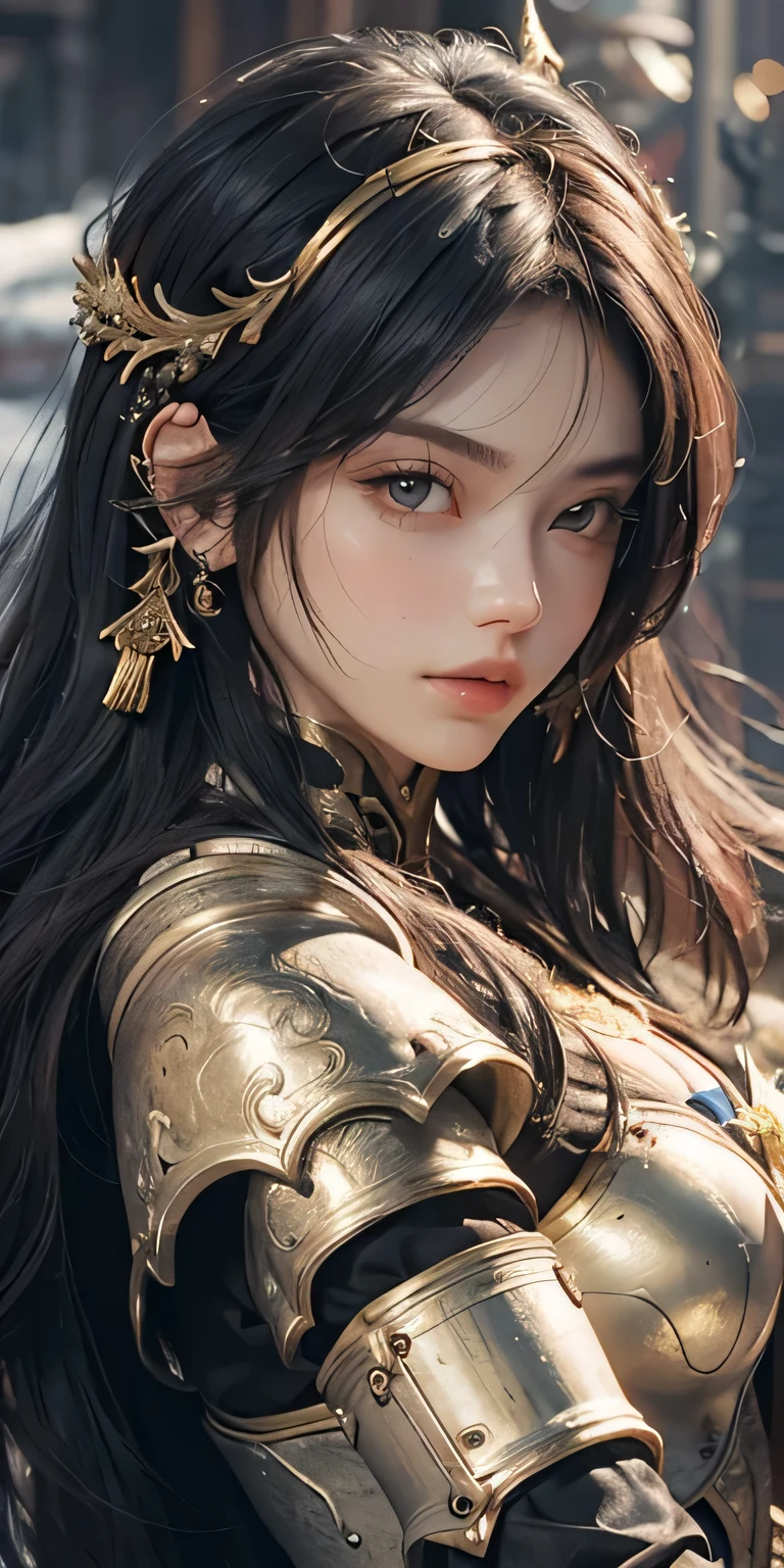 A girl in armor holds a golden sword, Golden heavy armor close-up. dramatic, amazing armor, face close-up, golden armor, detailed fantasy armor, black and gold armor, long white hair, delicate face, Gorgeous jewelry, Slender legs, Smile, beautiful armor, golden armor, fantasy armor, intricate golden armor, golden armor, Heavily armed fantasy warrior, smooth golden armor, very stylish fantasy armor, Black gold armor, Light gold armor