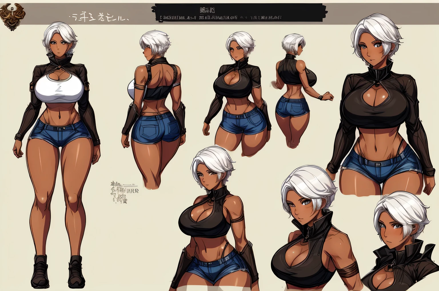 Reference sheet of a captivatingly beautiful woman, short white hair, golden eyes, expressionless, full lipasterpiece)), (((best quality))), (character design sheet, same character, front, side, back) wearing a crop top and small shorts, detailed face, detailed hair, concept art, character concept art, character sketch, reference sheet, character sheet, large breasts, thick thighs, wide hips, dark chocolate skin, dark skinned female