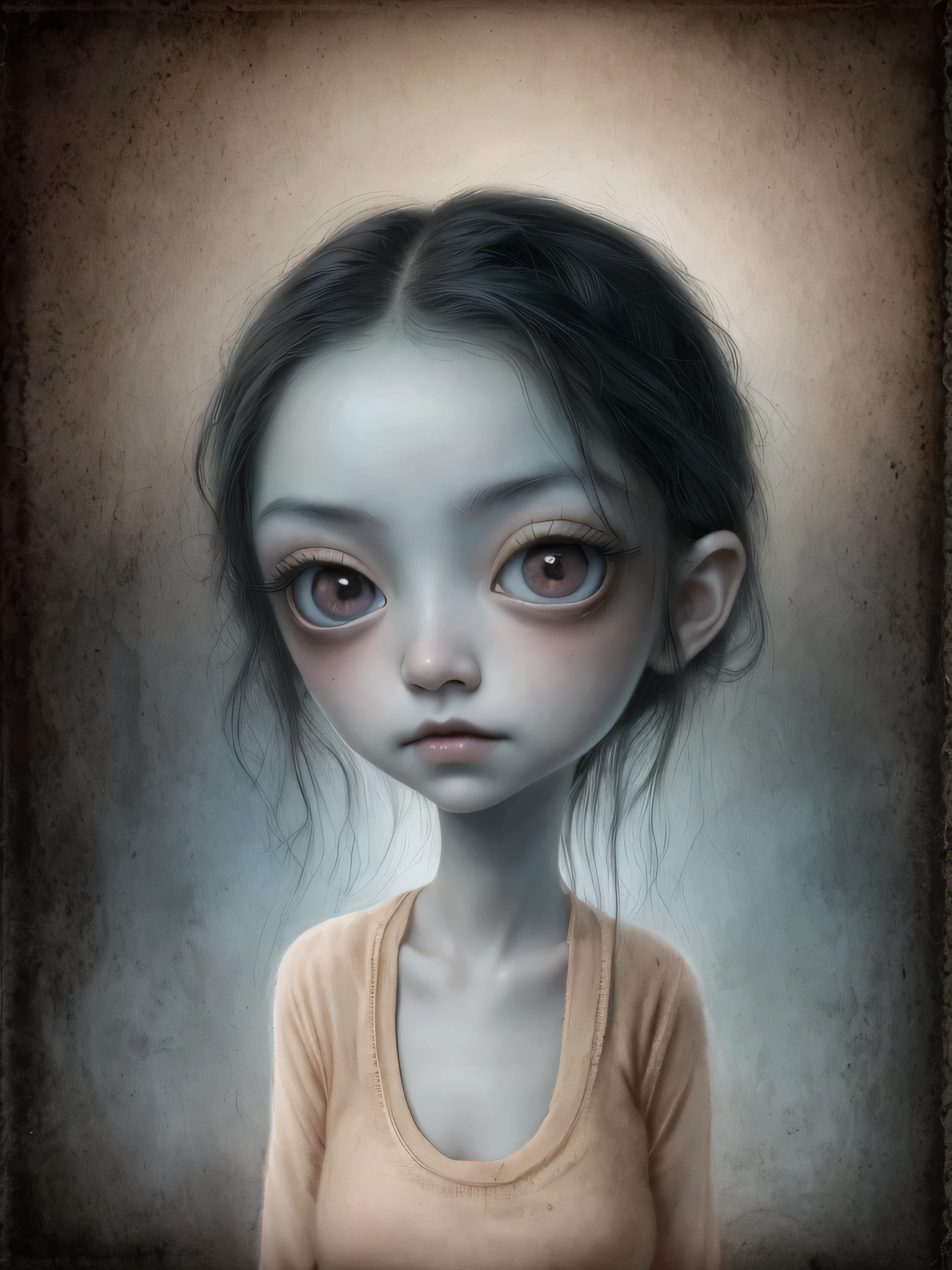 Un primer plano de una chica muy triste con el pelo largo (rubio) Y los grandes ojos azules mostrando enormes ((pechos)), Anton Semenov, Mark Ryden muy detallado, Designed by Mark Ryden, Mark Ryden en el estilo de, Designed by Mark Ryden, inspirado por Mark Ryden, Naoto Hattori, Adorable pintura digital, hermoso rostro. dark fantasy, Estilo Wlop Loish y Clamp, desnuda, pezones