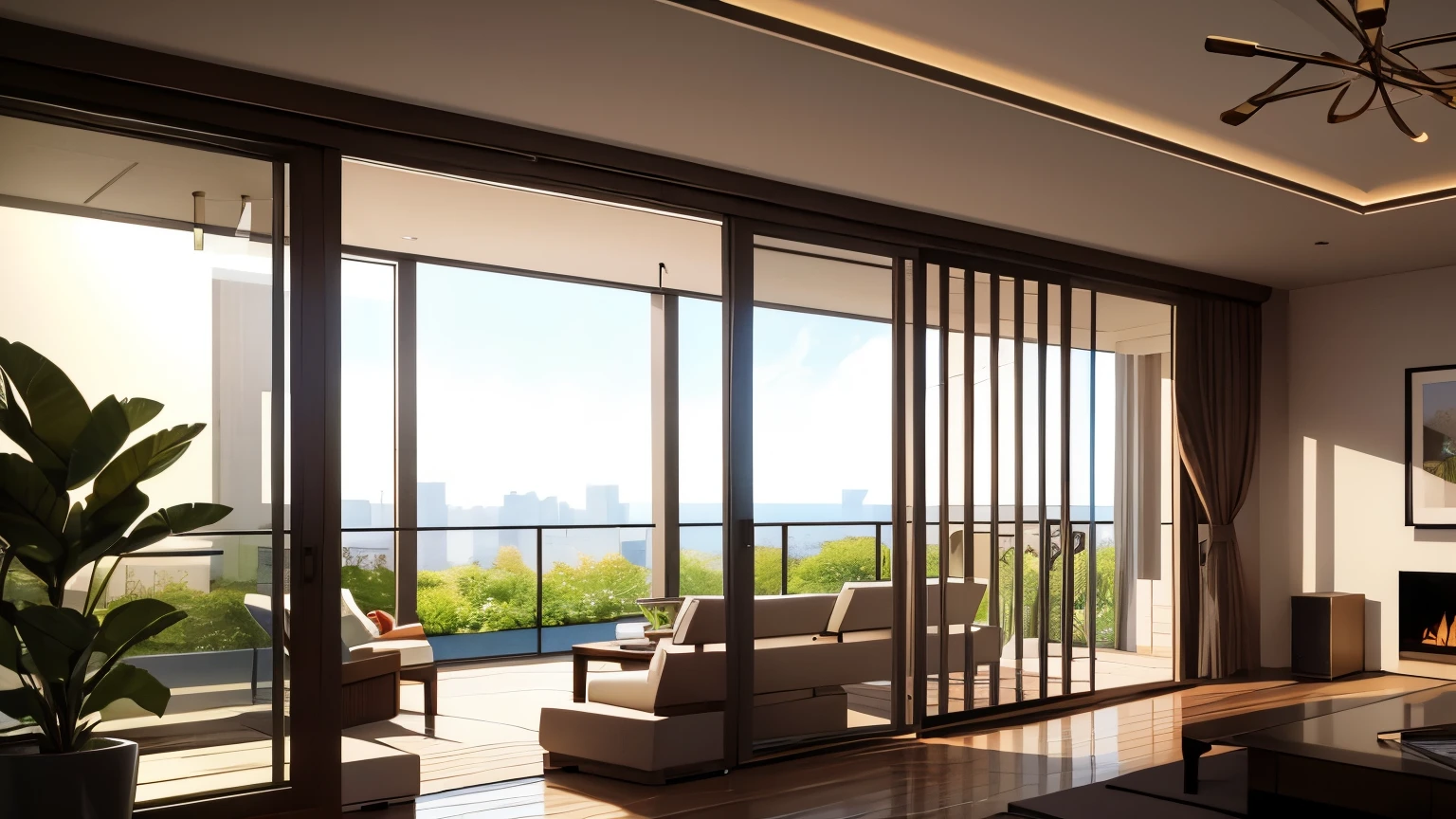 you are a famous interior designer、I was asked to create a 3D image of a large modern room.。. Create a harmonious environment with modern and minimalist furniture. Including garden interior.