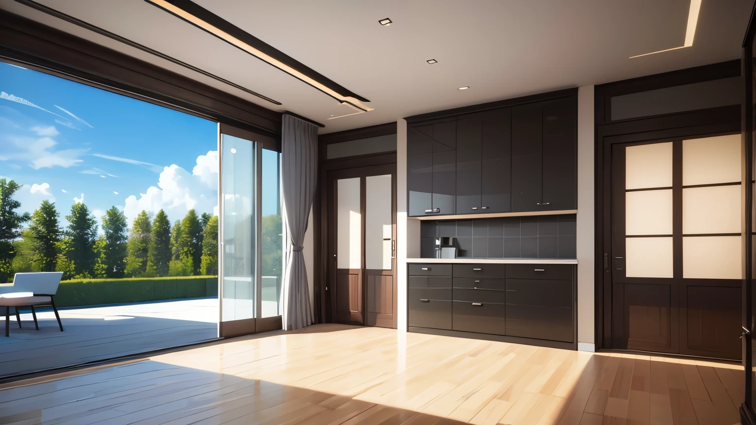 you are a famous interior designer、I was asked to create a 3D image of a large modern room.。. Create a harmonious environment with modern and minimalist furniture. Including garden interior.