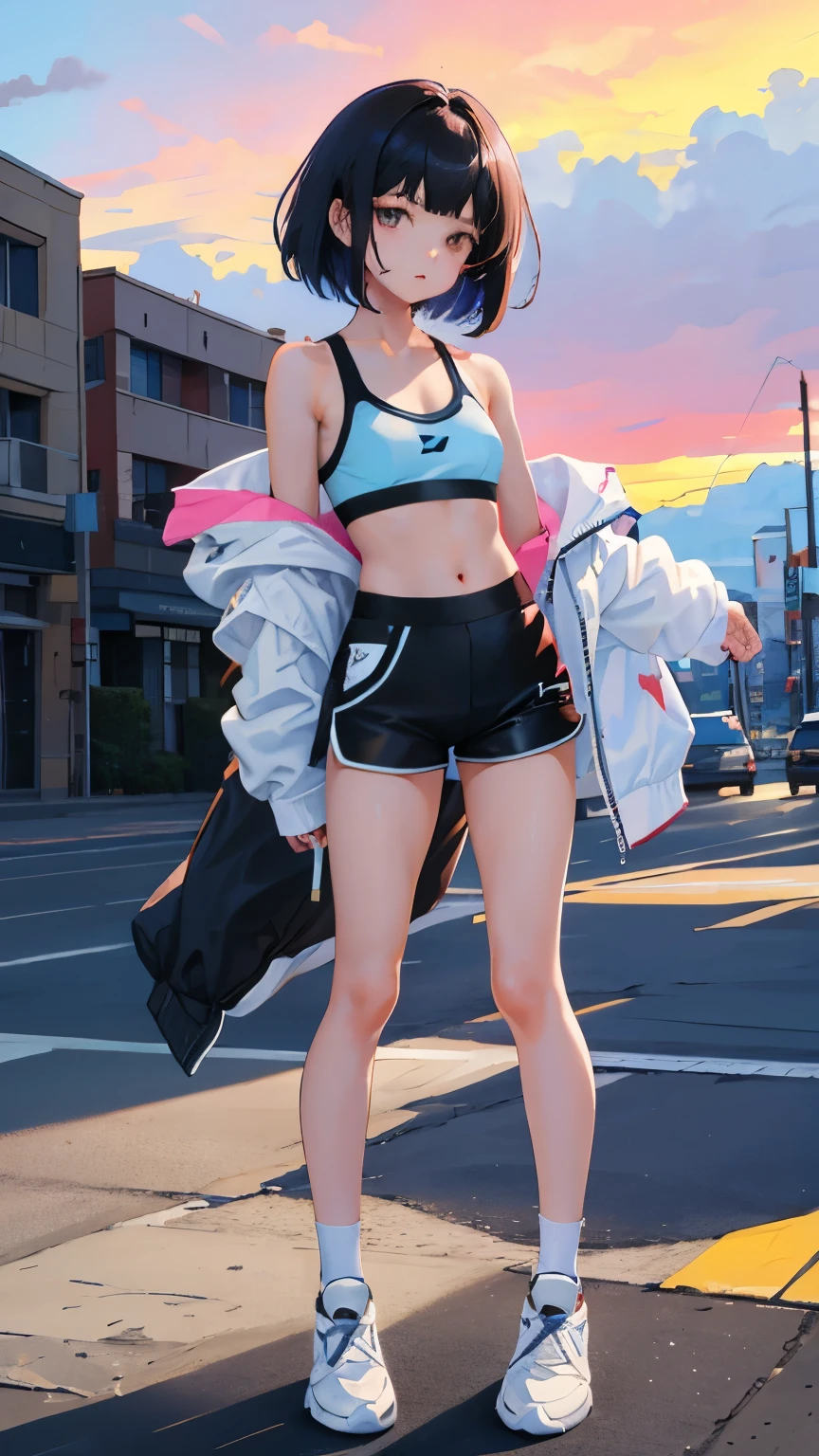 (short cute girl, young studeg delicate girl),(masterpiece,Top quality),Pastel hoodies,sports bra,shorts,black hair