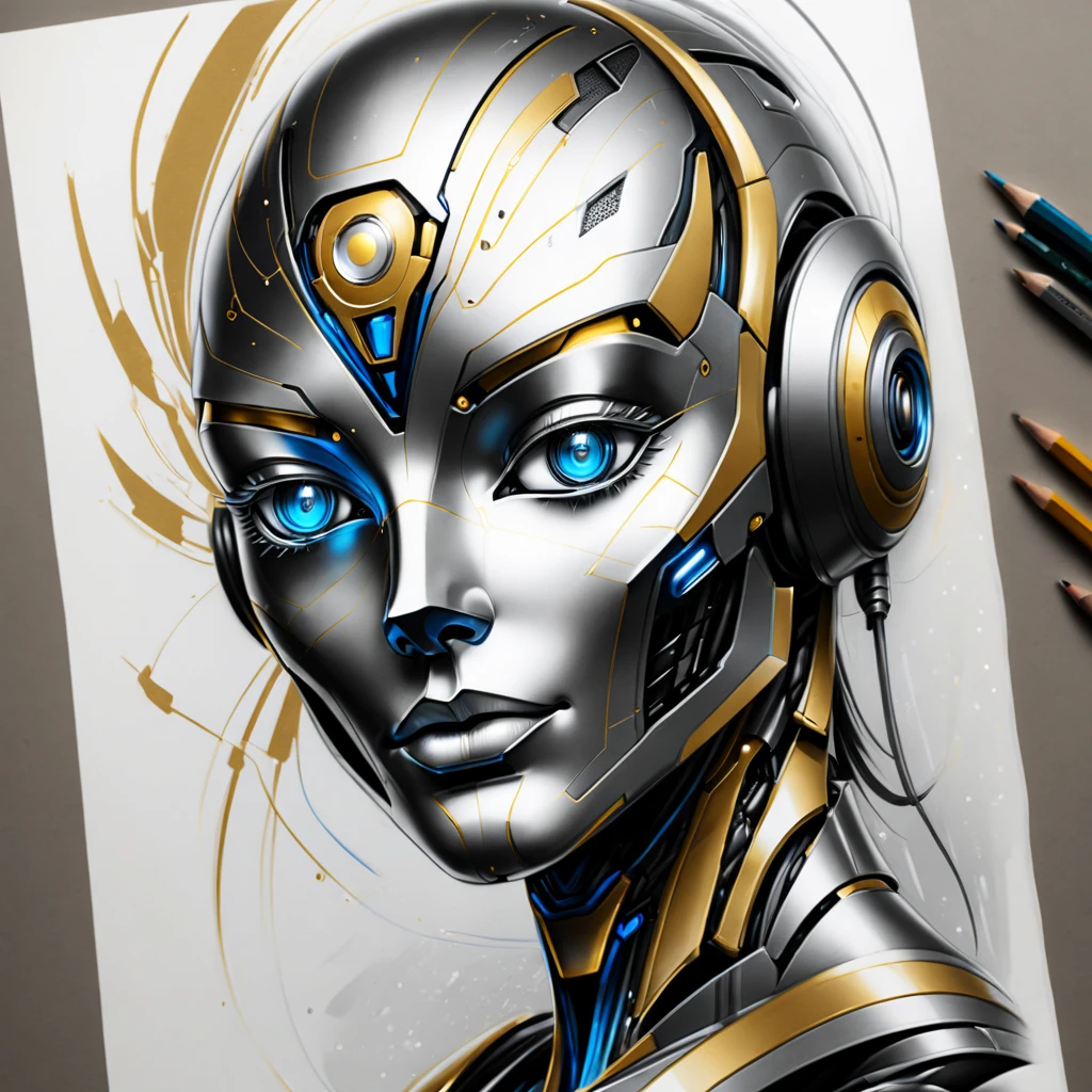 ,(character sketch:1.1),(charcoal drawing:1.2),Sketch,(pencil drawing:1.3),Charcoal painting style,Black -white-blue metal ,character sketch, high resolution, 1womanl, Solo, (Detailed face), kda,bioluminic, Black and white and gold colors galactic cybernetic mask, (abstracted, Make a sketch of a robot with high technology:1.5), Part description, SH4G0D,