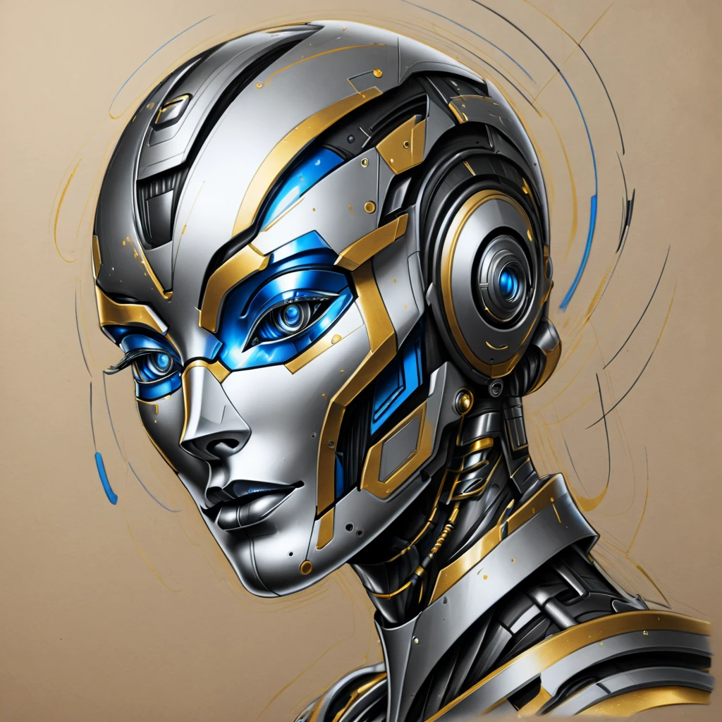 ,(character sketch:1.1),(charcoal drawing:1.2),Sketch,(pencil drawing:1.3),Charcoal painting style,Black -white-blue metal ,character sketch, high resolution, 1womanl, Solo, (Detailed face), kda,bioluminic, Black and white and gold colors galactic cybernetic mask, (abstracted, Make a sketch of a robot with high technology:1.5), Part description, SH4G0D,