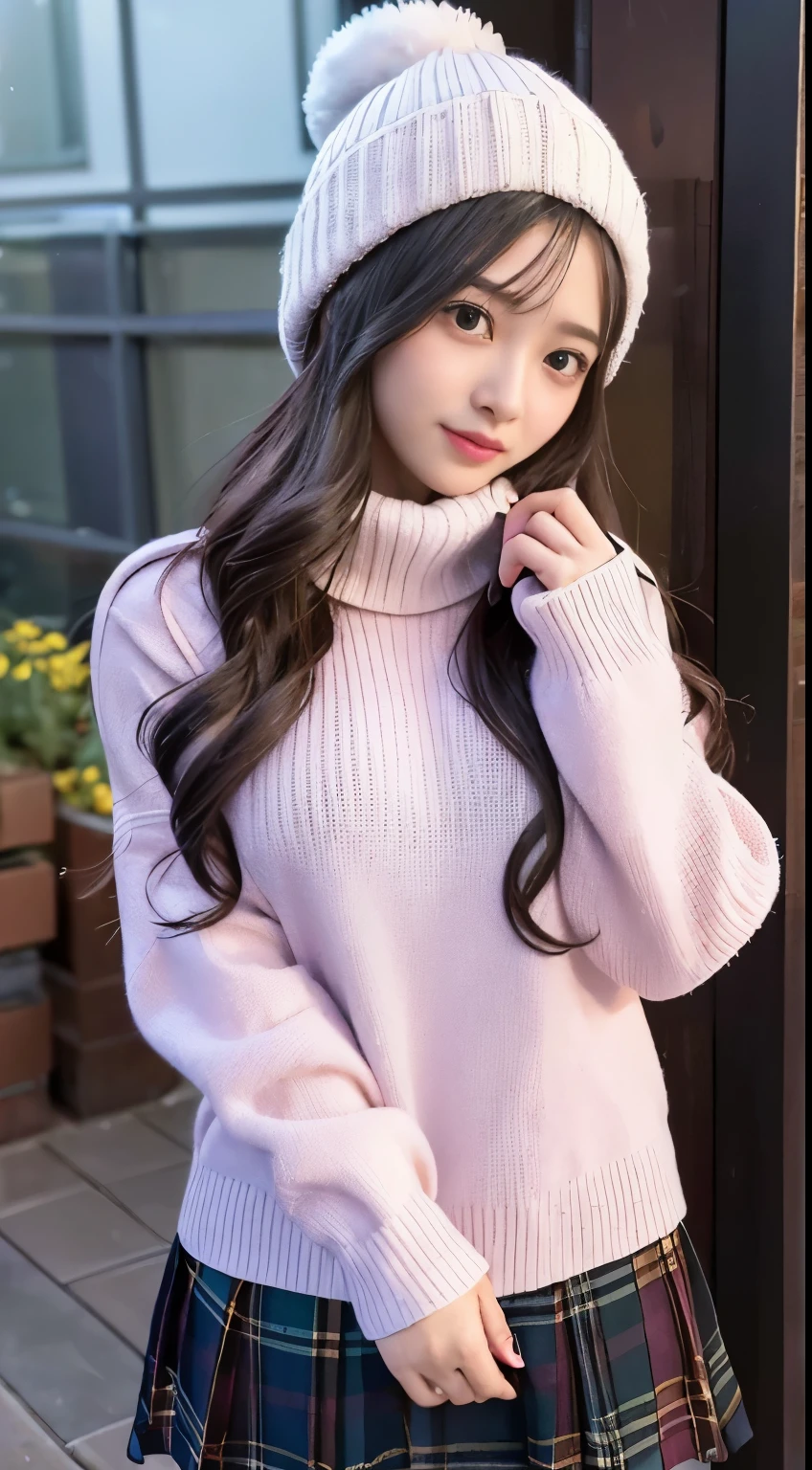 The beauty of winter spreads,outdoors,garden,Night sky ADDCOMM ADDCOL ADDCOL Blue moon ADDROW Snow ADDCOL It's snowing ADDCOL It's snowing ADDROW Pink primrose flower ADDCOL 1girl,long hair,black hair,flowing bangs:1.3,green eyes,mole under left eye:1.3,black eyes,medium breasts,pink heart hair accessories,Winter clothes,sweater,beanie hat,long sleeve,scarf,turtleneck,sleeves go over wrists,ribbed sweater
ADDCOL
ADDROW pink primula flowers
ADDCOL 1girl,pleated skirt ADDCOL
(masterpiece:1.2), (highest quality:1.2)
