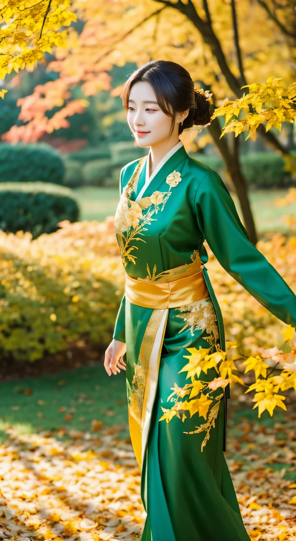 A beautiful taiwanese actrees of Bailu, walking in elegance, wearing beautiful emboidery hanfu in green and golden colors, a beautiful autumn park in the background, wind blows her hair, realistic picture, ultra realistic photography, high quality, intricated detailed, uhd res