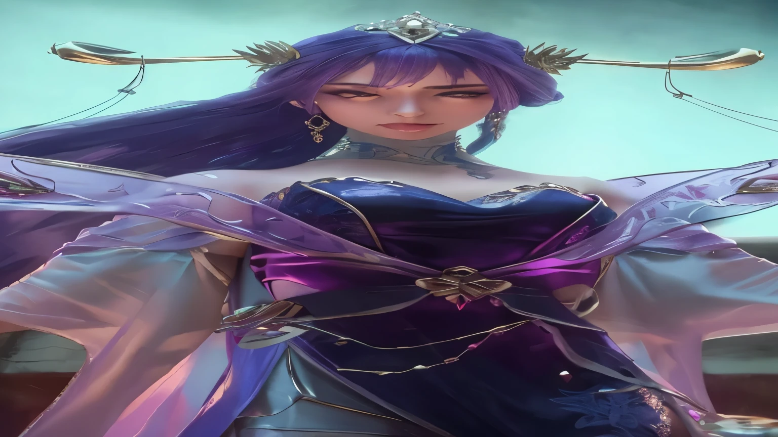 a close up of a woman in a purple dress, high detail