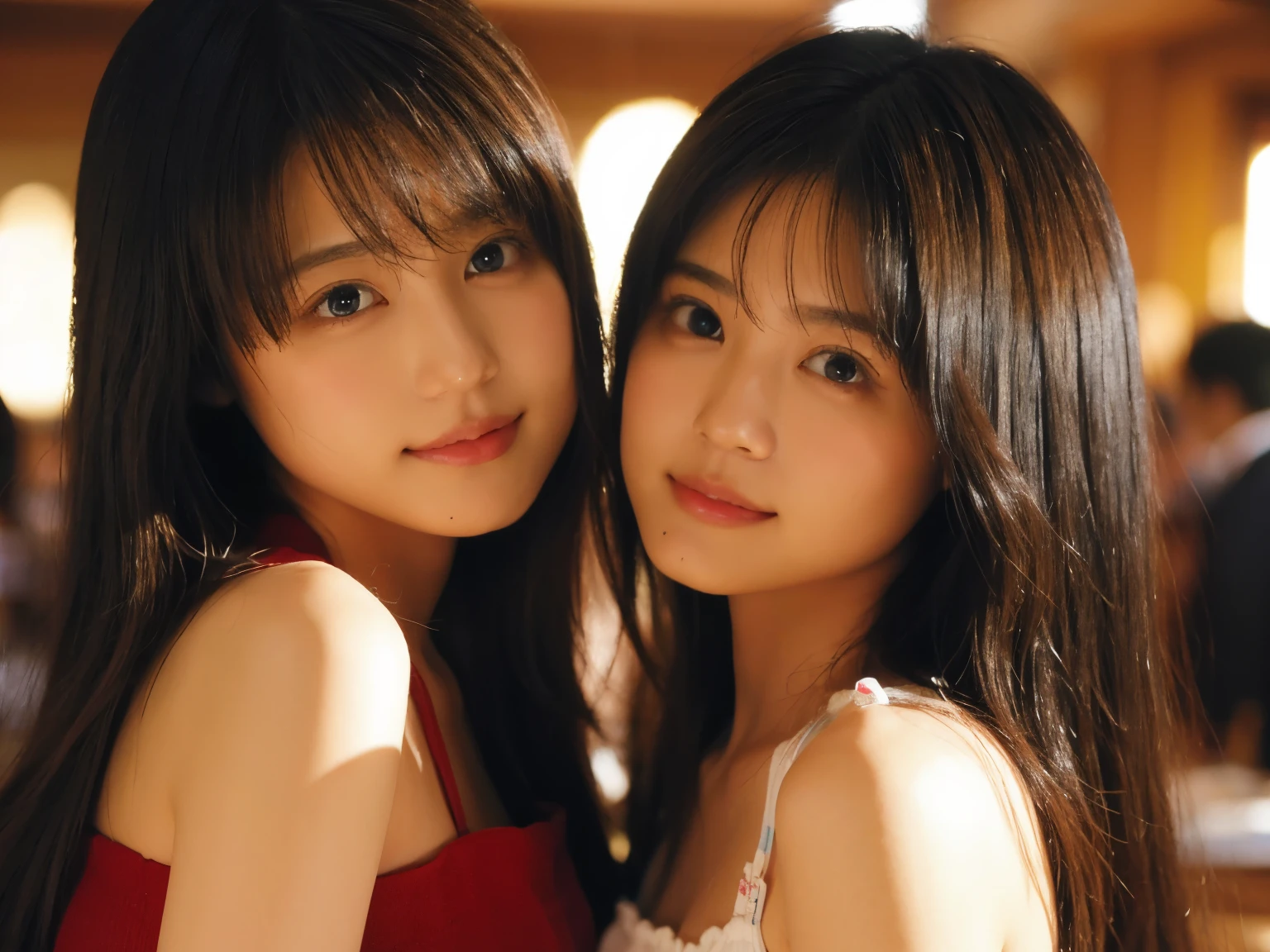 identical twin sisters、Highly detailed CG Unity 32K wallpaper, realistic , photo-realistic , RAW photo , High-definition RAW color photo , professional photos , highest quality , 超A high resolution , super detailed , official photo . break out of sharp focus , detailed shadow , soft lighting , Bokeh , bloom , light from the front , cinematic lighting , light shines on your face , beautiful lighting , retro environment , camera flash , polaroid photo , i will fix it , graduated tone , film grain . adorable girl , kind , thank you , enchanting smile , natural makeup , beautiful eyes , Big eyes , natural eyes . thin eyebrows . break small breasts . slim . low length . beautiful skin . glowing skin . smooth skin . natural skin . Blake POV . ((close)) . (beautiful face) .identical twin sisters、 half body shot,Cute girls with high details,(20-year-old)、