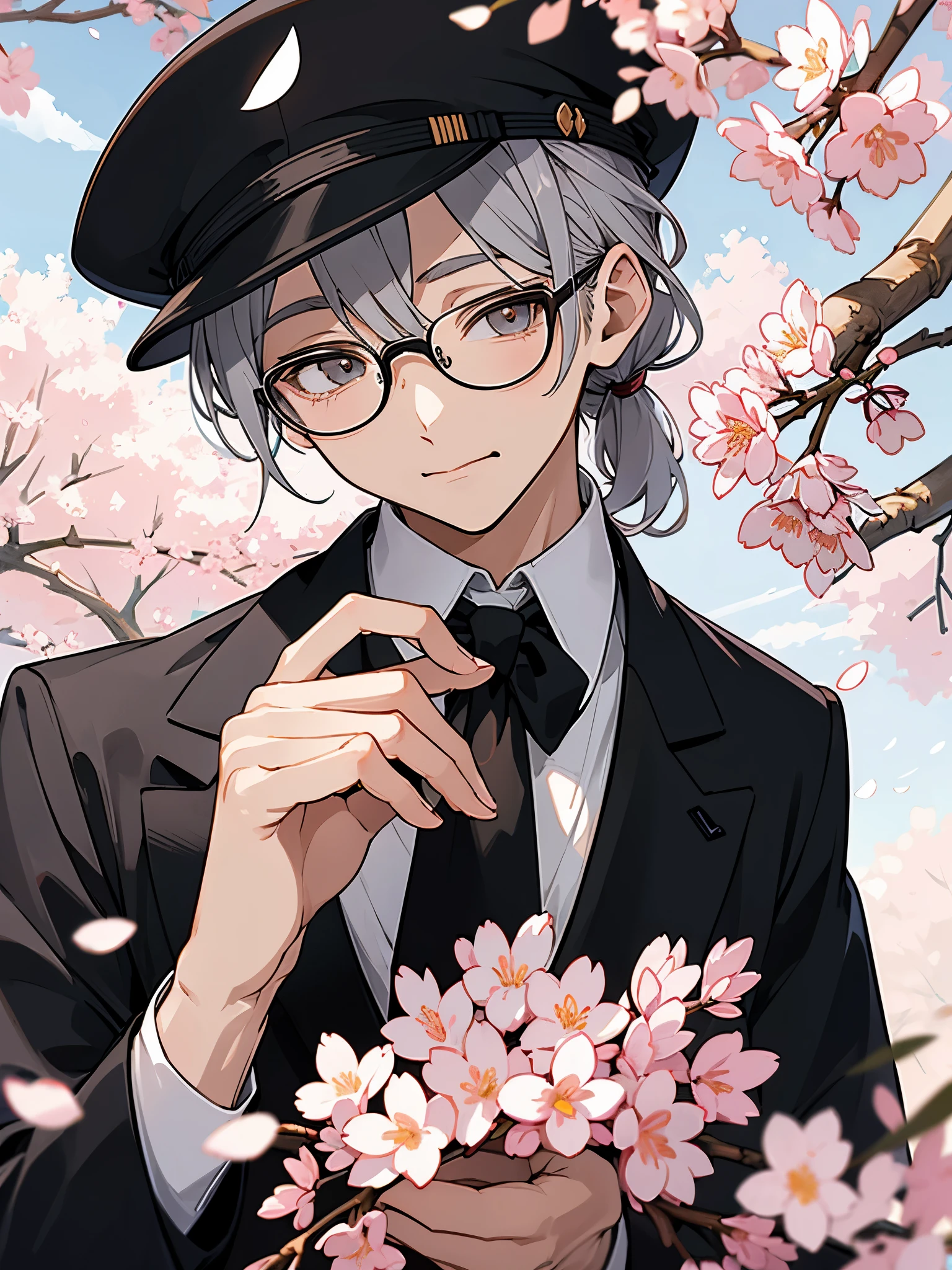 （muste piece）（High definition）20s male android、alone、gray hair、ponytail、hat、Tuxedo、tie、wearing glasses、tilting your head、mouth closes、background（The weather is sunny but there are clouds、cherry blossoms）