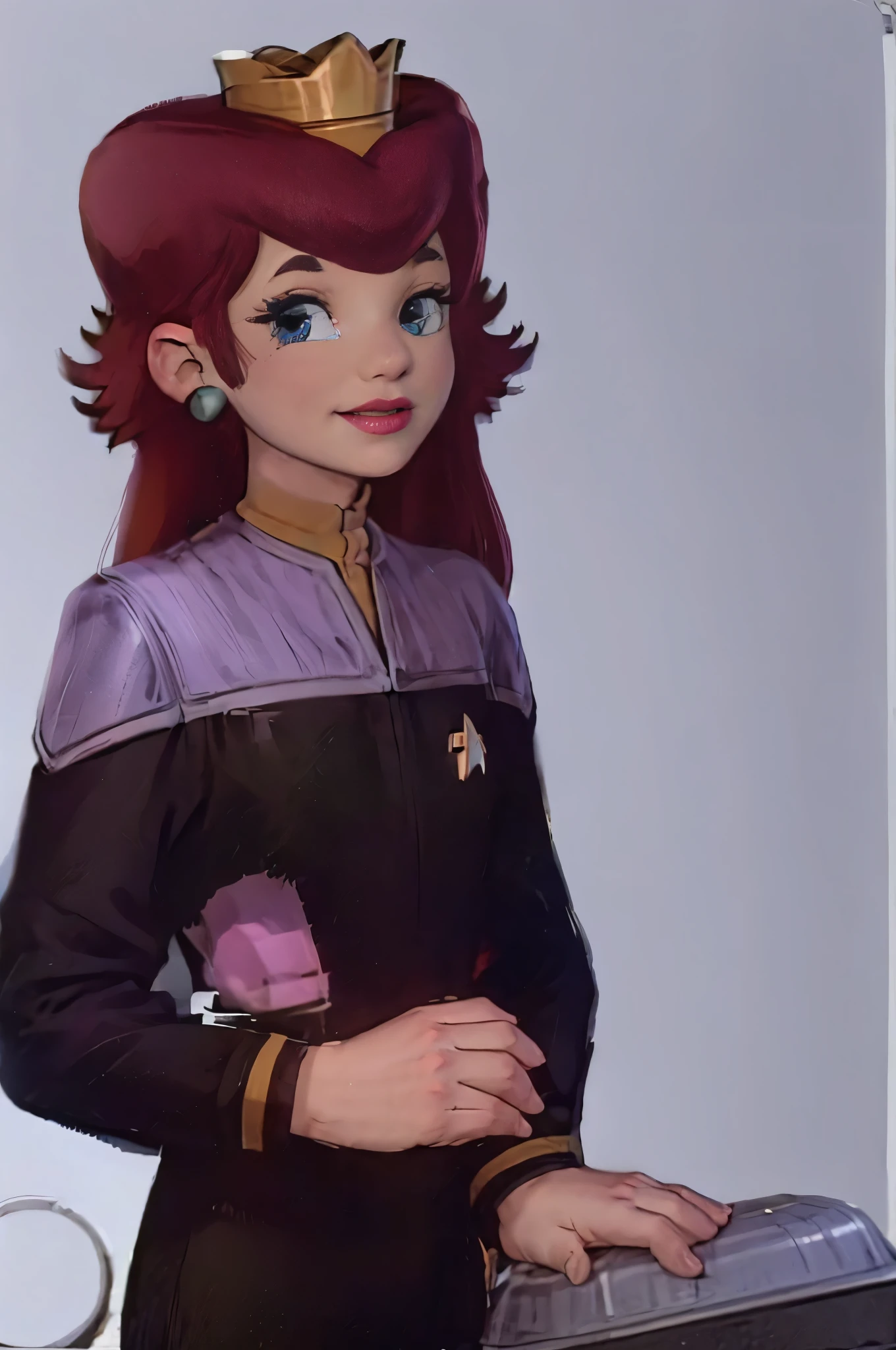 masterpiece, best quality, 1girl, princesstoadstool, brown hair, long hair, blue eyes, crown, ds9st yellow and black uniform ds9st command ds9st operations ds9st science, earrings, lipstick, , upper body, looking at viewer, sketch, solo, smile, simple background  comm badge