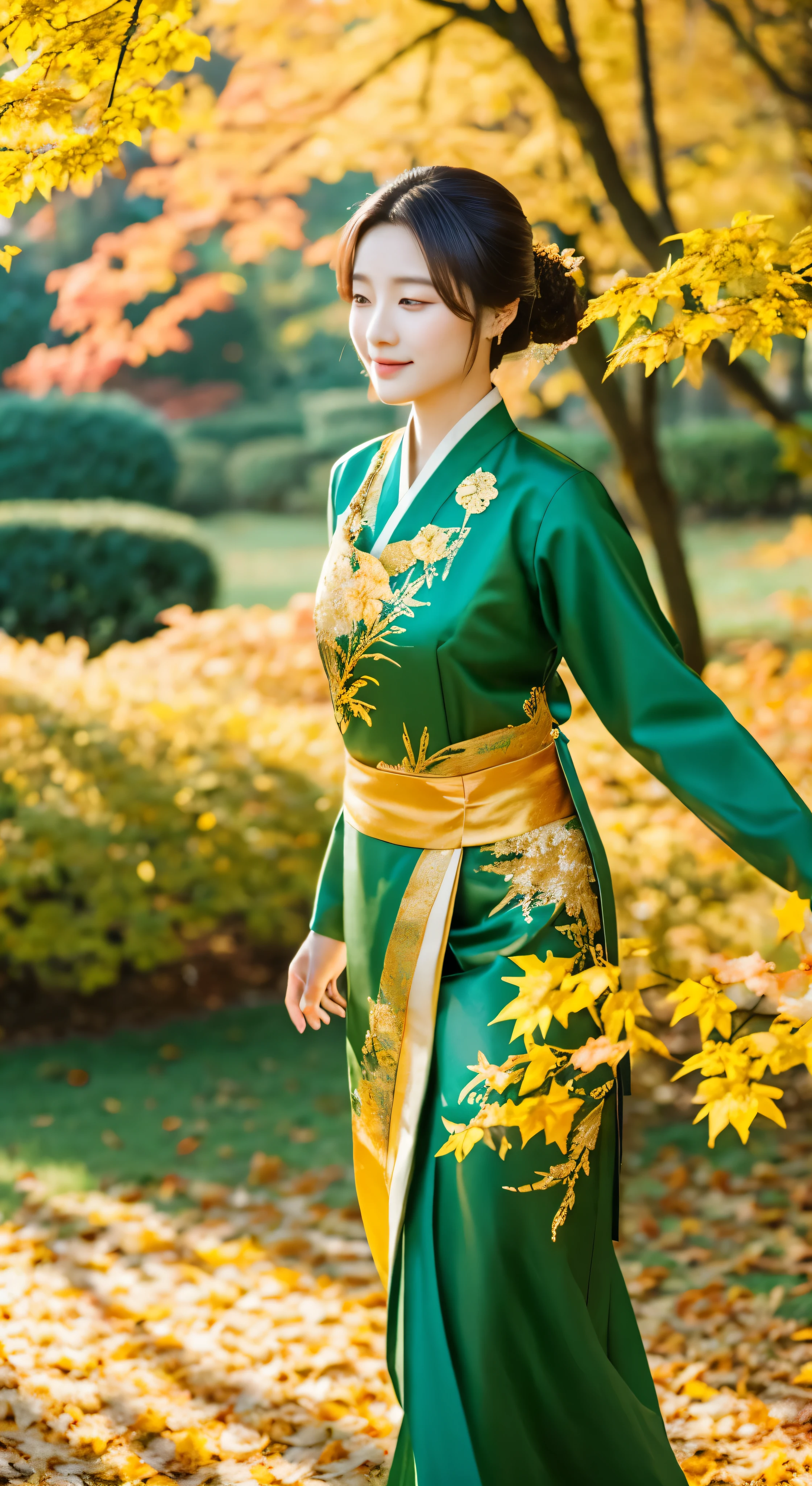 A beautiful taiwanese actrees of Bailu, walking in elegance, wearing beautiful emboidery hanfu in green and golden colors, a beautiful autumn park in the background, wind blows her hair, realistic picture, ultra realistic photography, high quality, intricated detailed, uhd res
