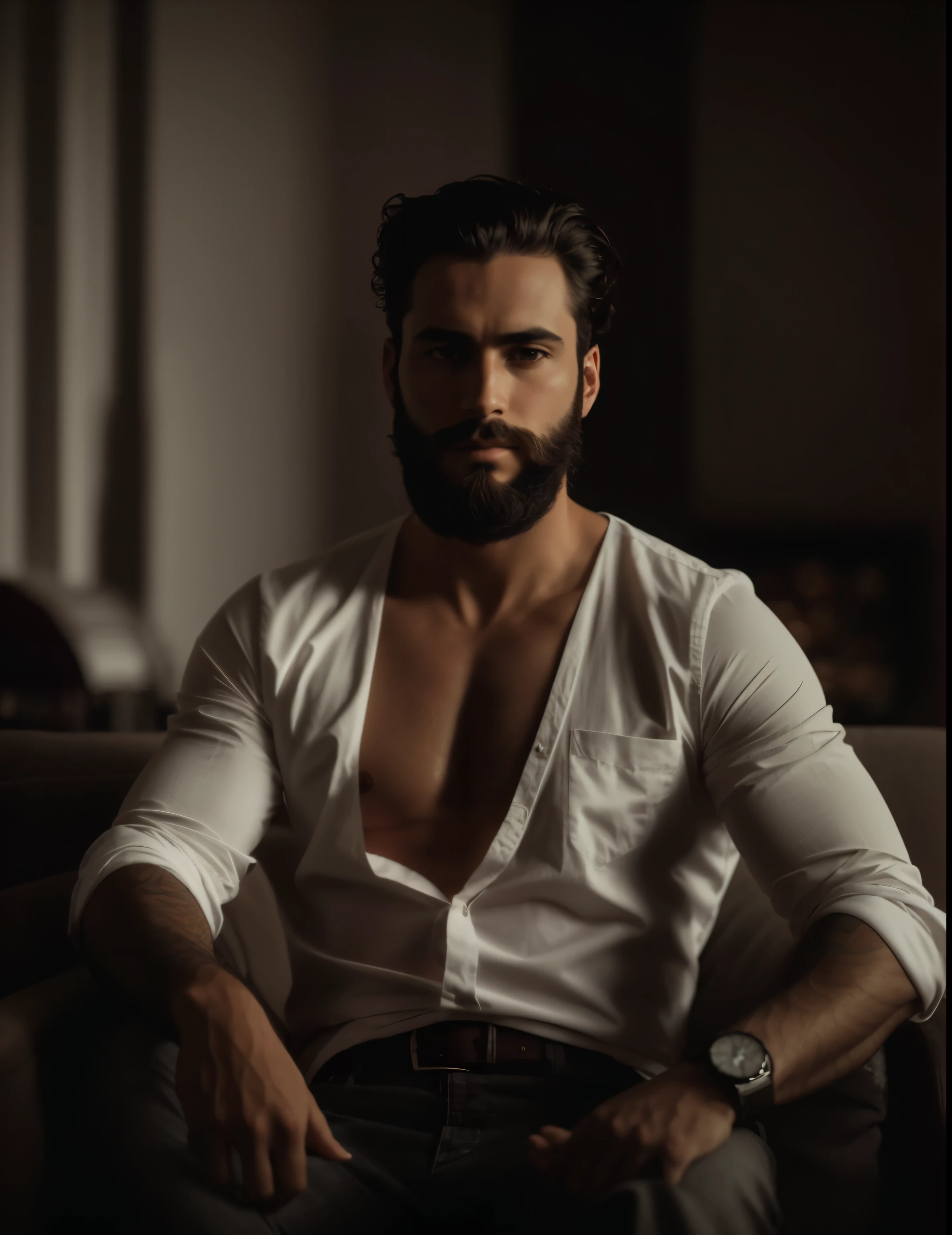 Araffe man with beard sitting on a sofa in a dark room, very hombre atractivo with beard, Hombre guapo, hombre atractivo, hermoso hombre barbudo, Hombre barbudo, raphael lecoste, hombre guapo, by Emma Andijewska, barbudo y construido, hombre intimidante, The pose would be dramatic., sexy masculino, cinematic portrait, cinematic body shot