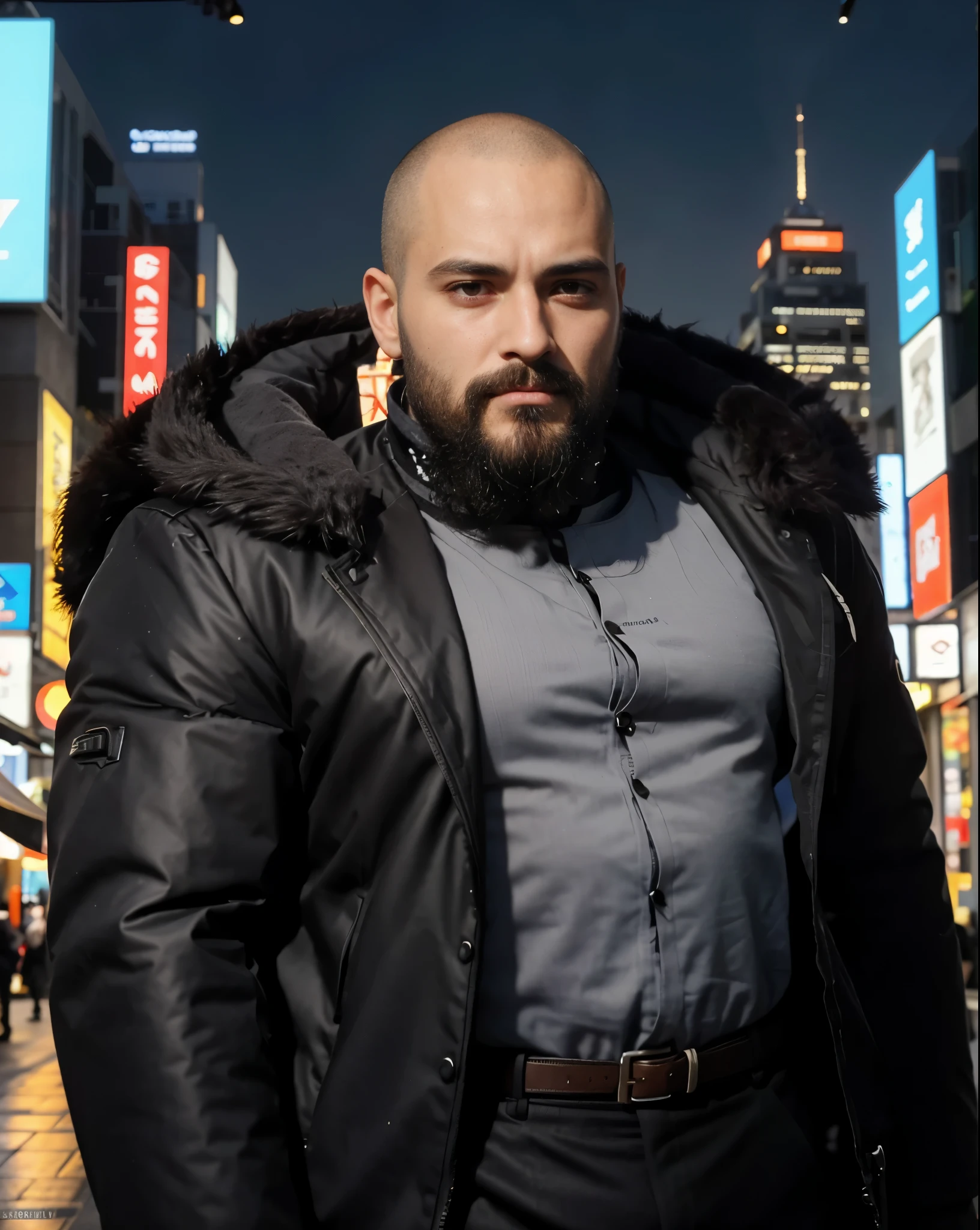 il y a un homme chauve avec une barbe et une veste dans une ville, Illustrations de personnages officiels, illustration du personnage officiel,, aspect lourd, inspired by Volkan Baga, oeuvre de personnage, portrait de personnage complet, photostyle artistique réaliste, style artistique réaliste, portrait de personnage épique, en tant que personnage de tekken, portrait complet du corps du personnage, art de profil de personnage