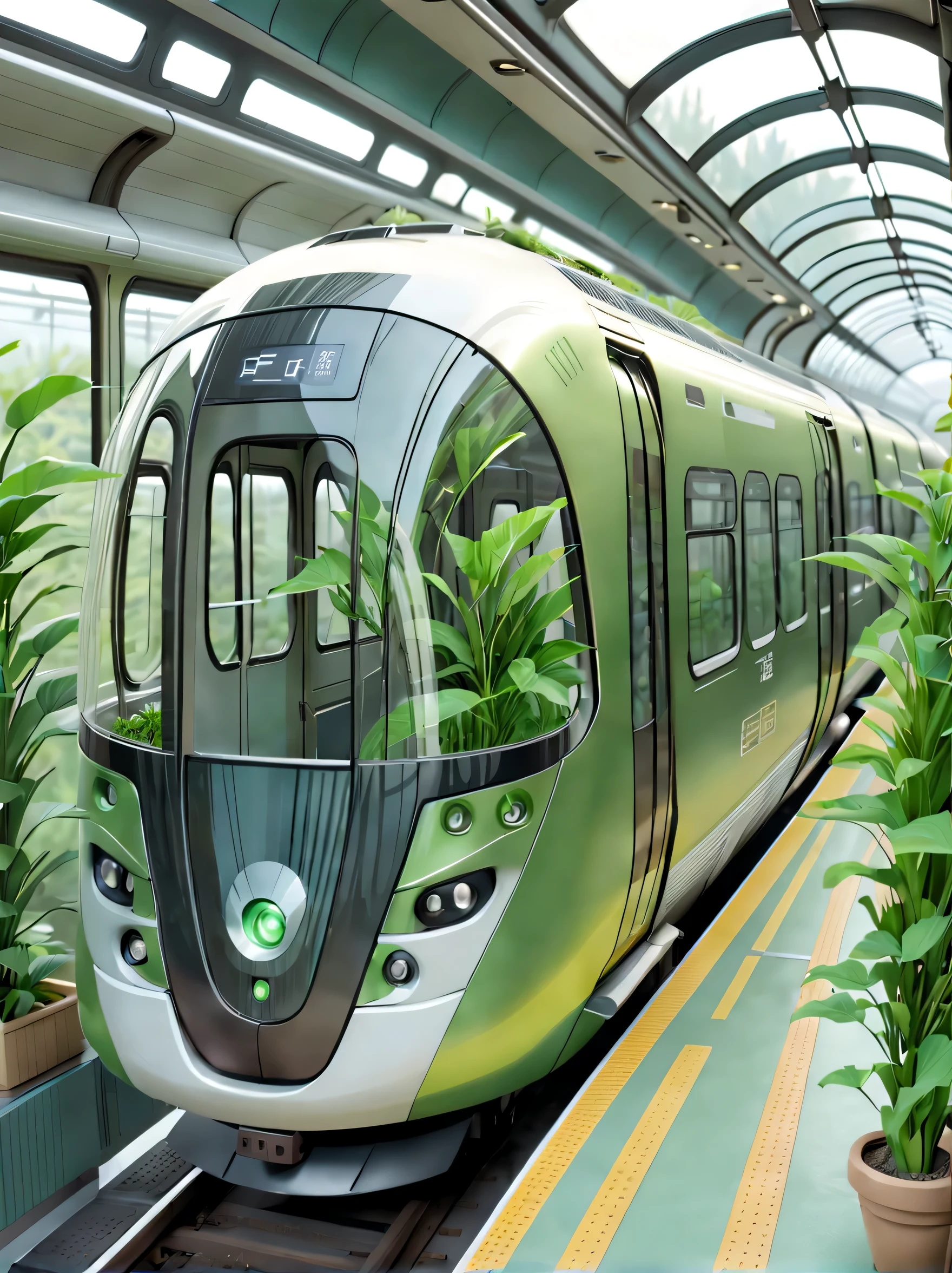 宏大的station，colonel&#39;staggered trains，very long train，station：1.37，train base，tall plants，Inside the cute transparent train，glass train，（best quality，4k，8k，high-rise building，masterpiece：1.2），super detailed，（lifelike，Photos are real，Photos are real：1.37），Cute little transparent alien，transparent train，train full of plants，upscale，luxurious，Clean，neat，large windows，spacious platform